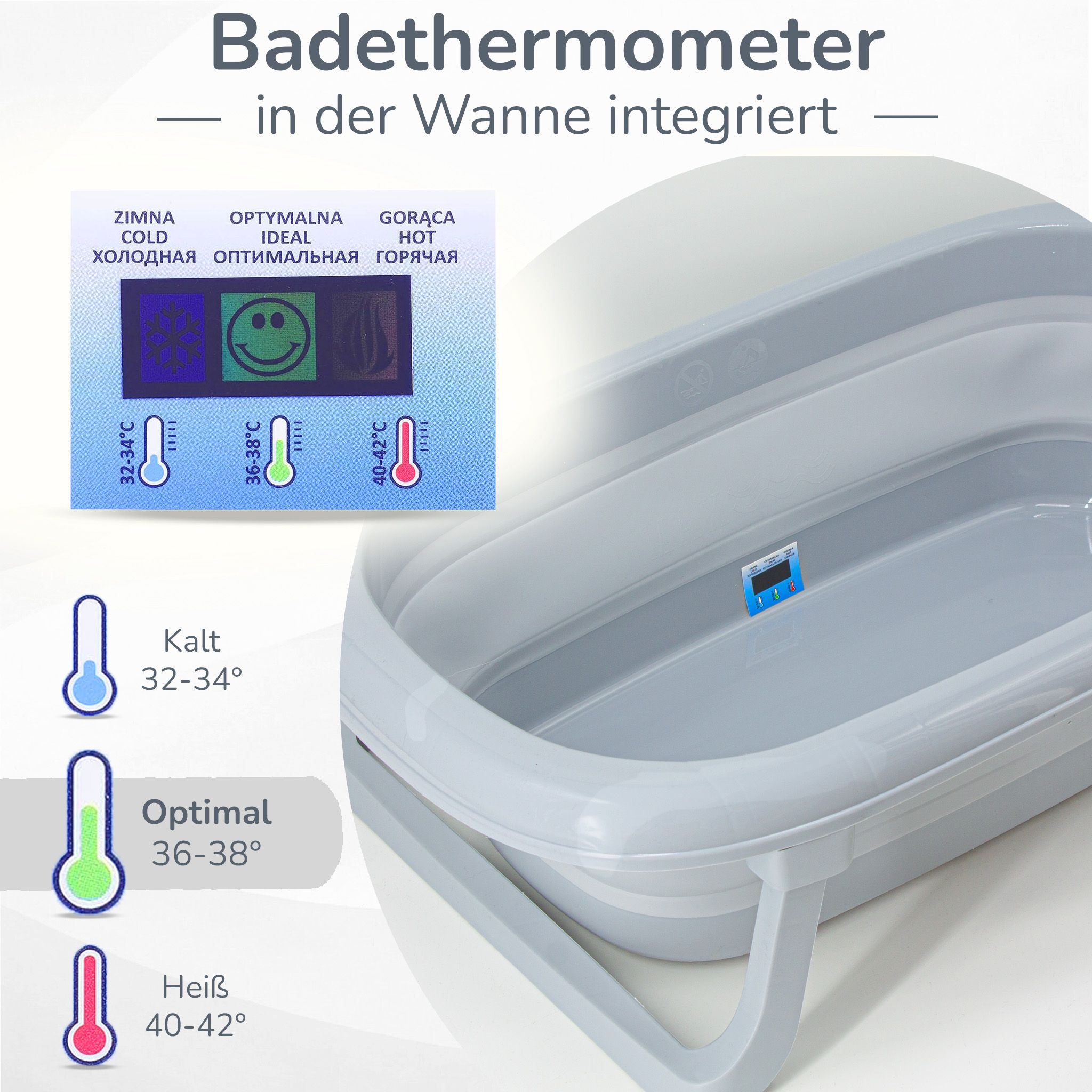 Faltbare Babybadewanne - Klappbare Baby Wanne mit integriertem Thermometer und Abfluss