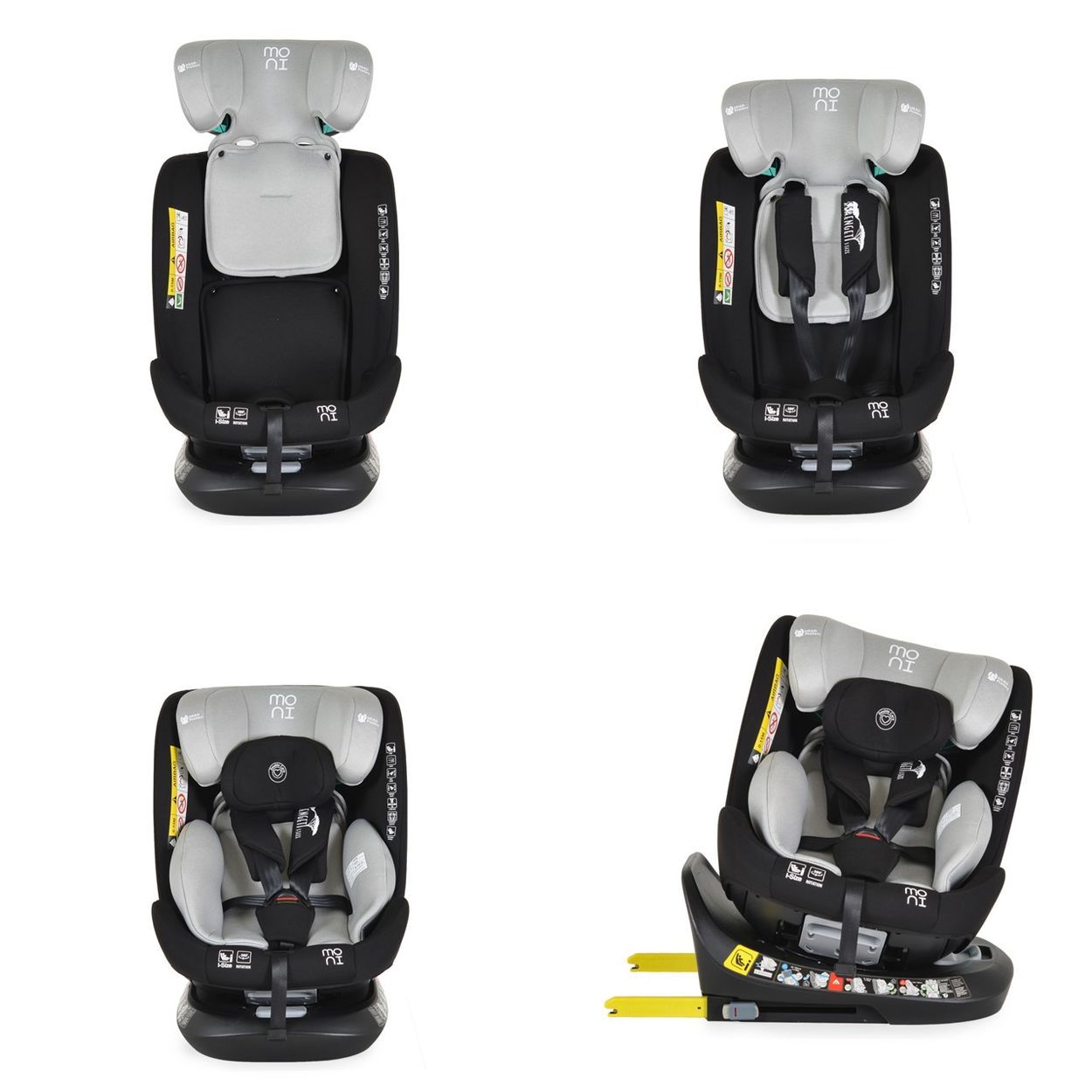 Schwarzer Kindersitz mit grauen Akzenten, verstellbarer Kopfstütze und ISOFIX-Basis.