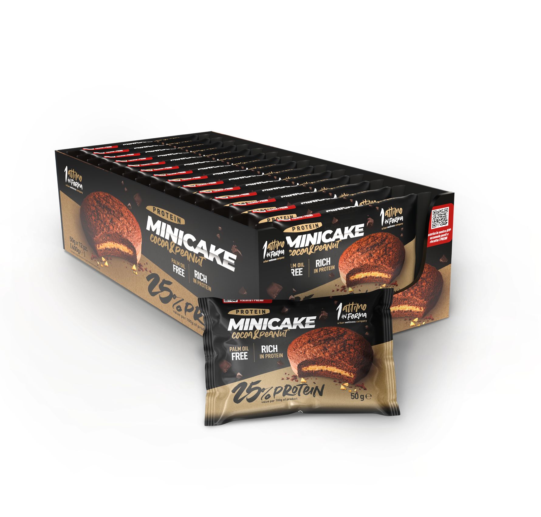 1attimoinforma Minicake Proteica al 20%; Gusto Cacao e Burro d'Arachidi