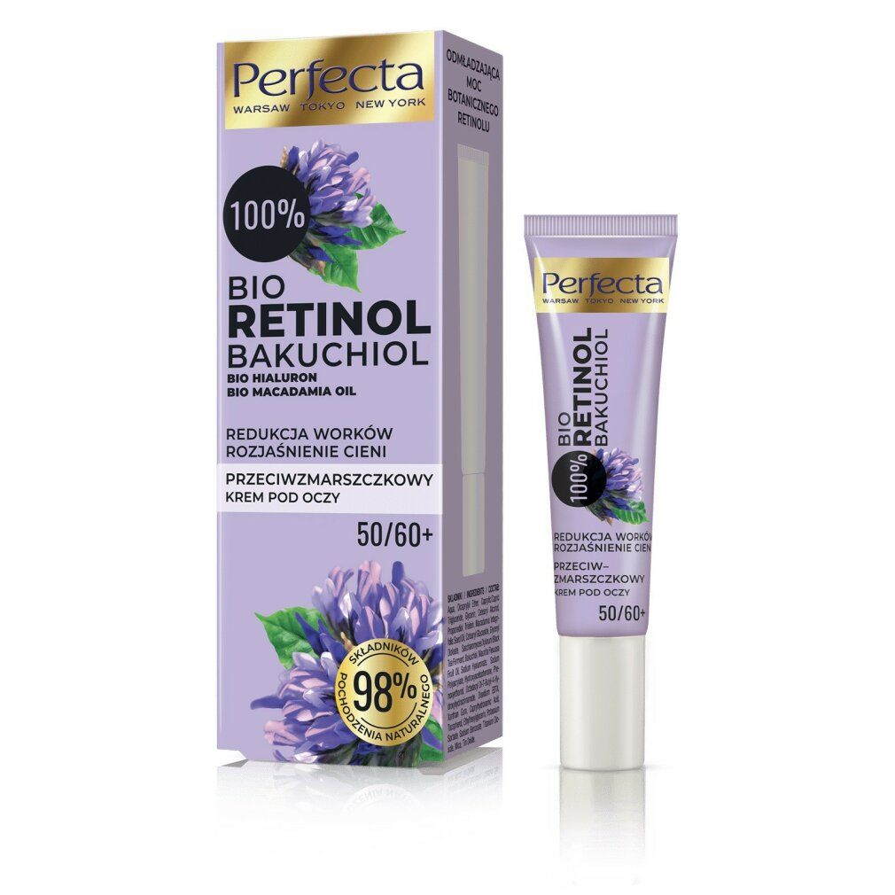 Augencreme-Tube und Schachtel. Aufschrift: Perfecta, Bio Retinol Bakuchiol, 100%. Anti-Falten-Creme für 50/60+.