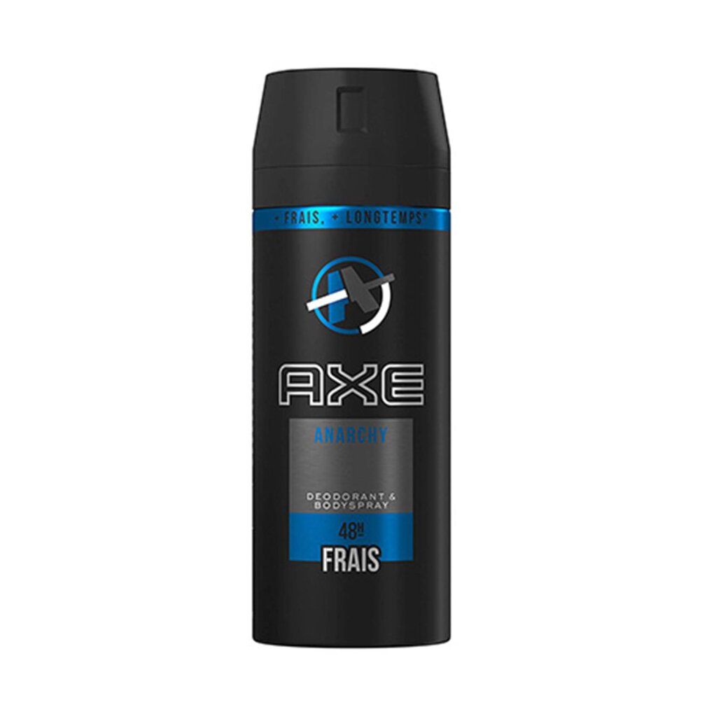 Schwarze Deodorant-Spraydose mit blauem Akzent. Oben steht "FRAIS, LONGTEMPS". Logo und Schriftzug "AXE ANARCHY". Unter "48H FRAIS".