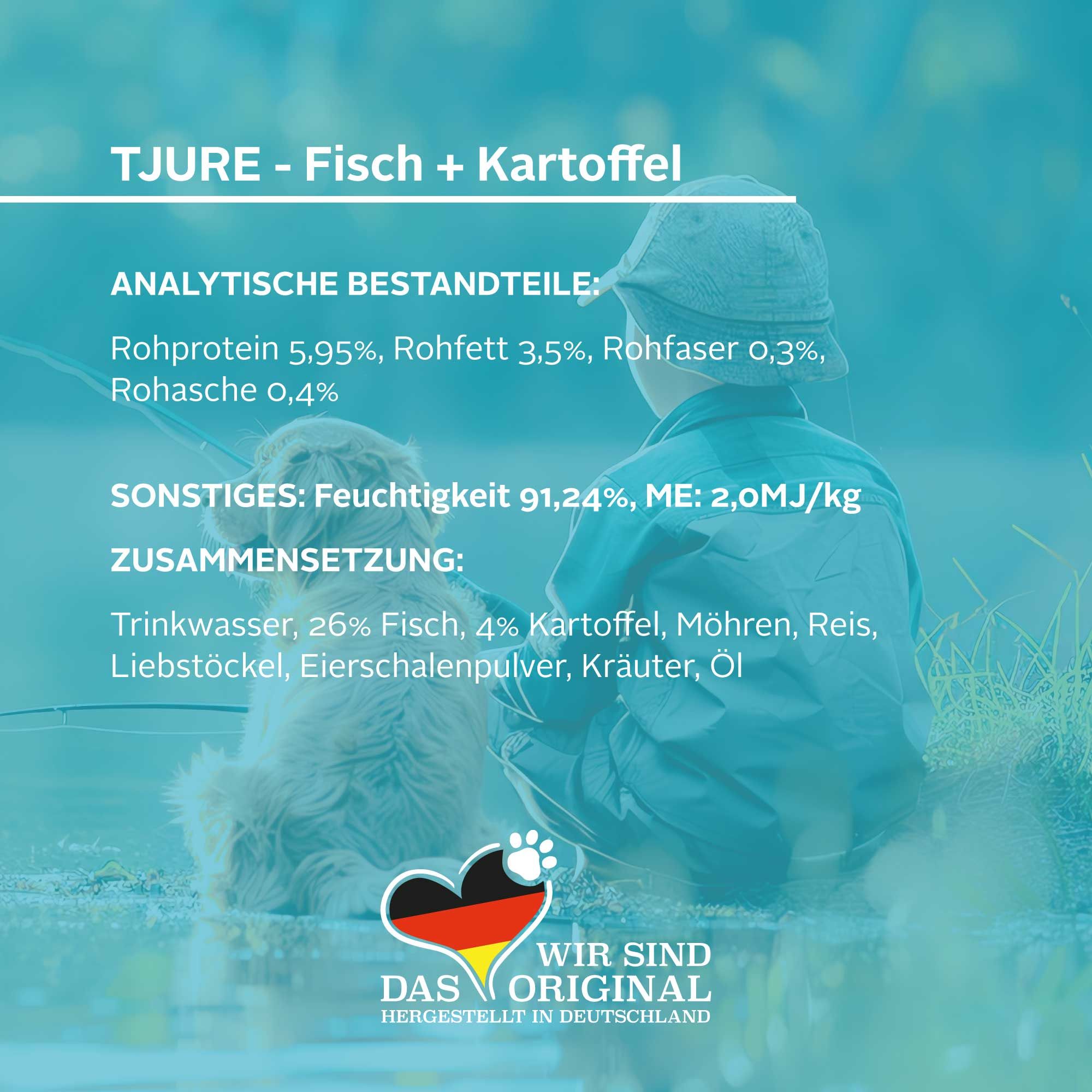 Produktinformationen für Tjure-Fisch + Kartoffel. Analytische Bestandteile und Zusammensetzung. Hergestellt in Deutschland.