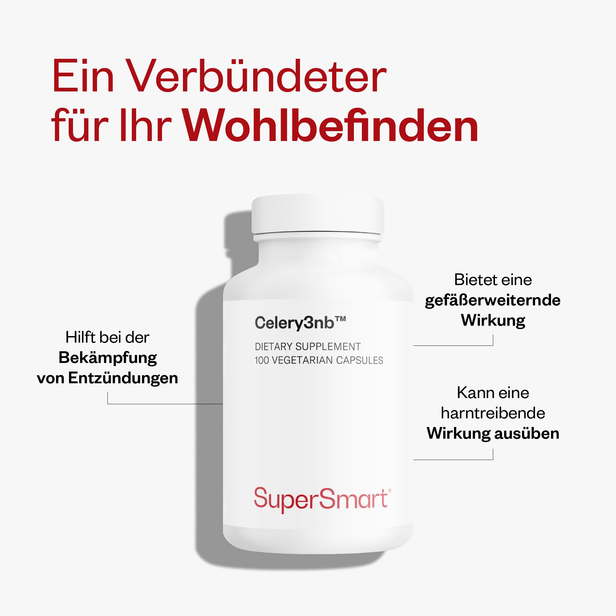 Weiße Flasche mit Celery3nb™ von SuperSmart. 100 vegetarische Kapseln. Text: Hilft bei Entzündungen, gefäßerweiternde Wirkung, harntreibende Wirkung.