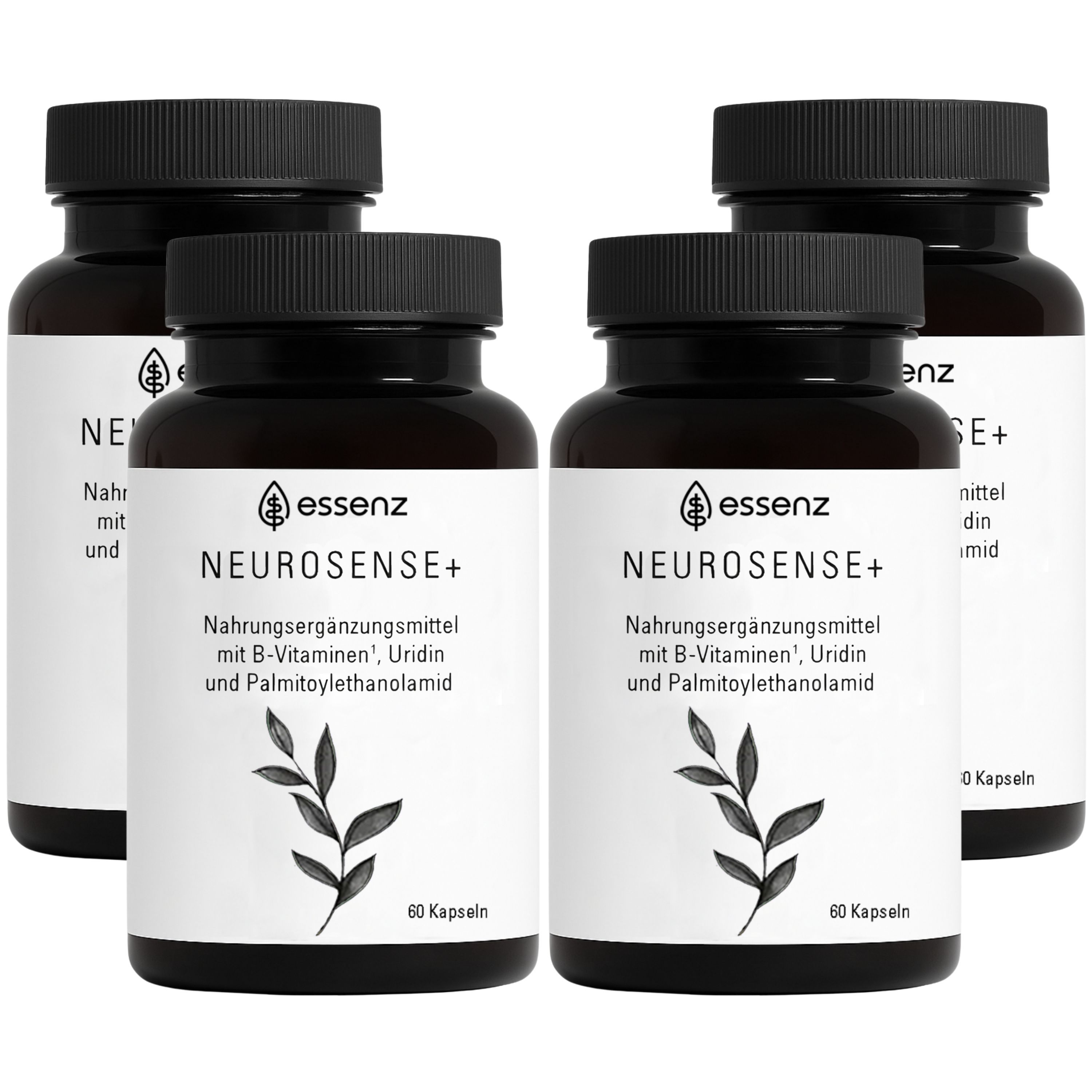 Vier Flaschen ESSENZ Neurosense+ Kapseln, Nahrungsergänzungsmittel für Nervenfunktion.