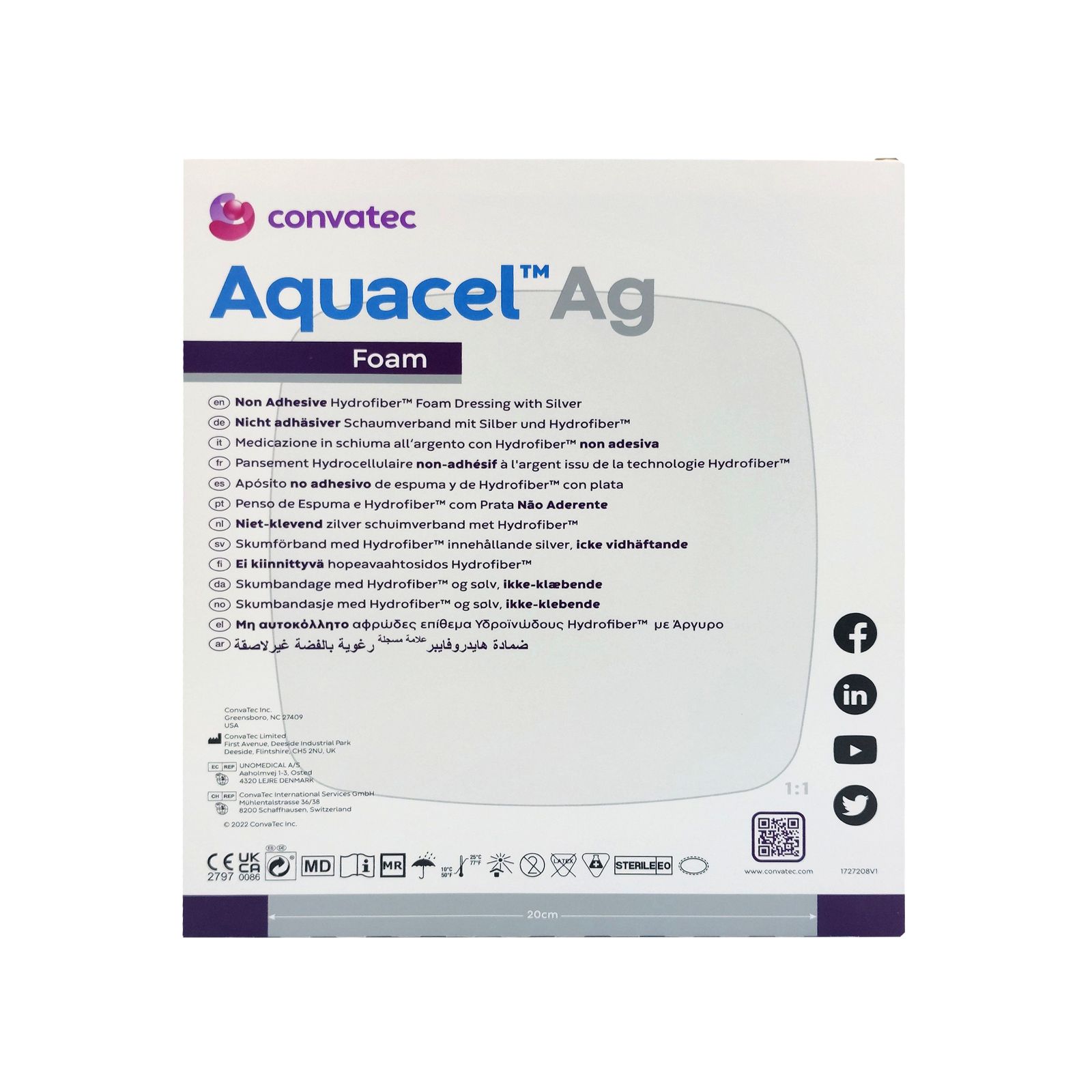 Rückseite der Verpackung mit Produktinformationen und Logos. Enthält Logos und QR-Code. Marke: Convatec. Produkt: Aquacel Ag Foam.