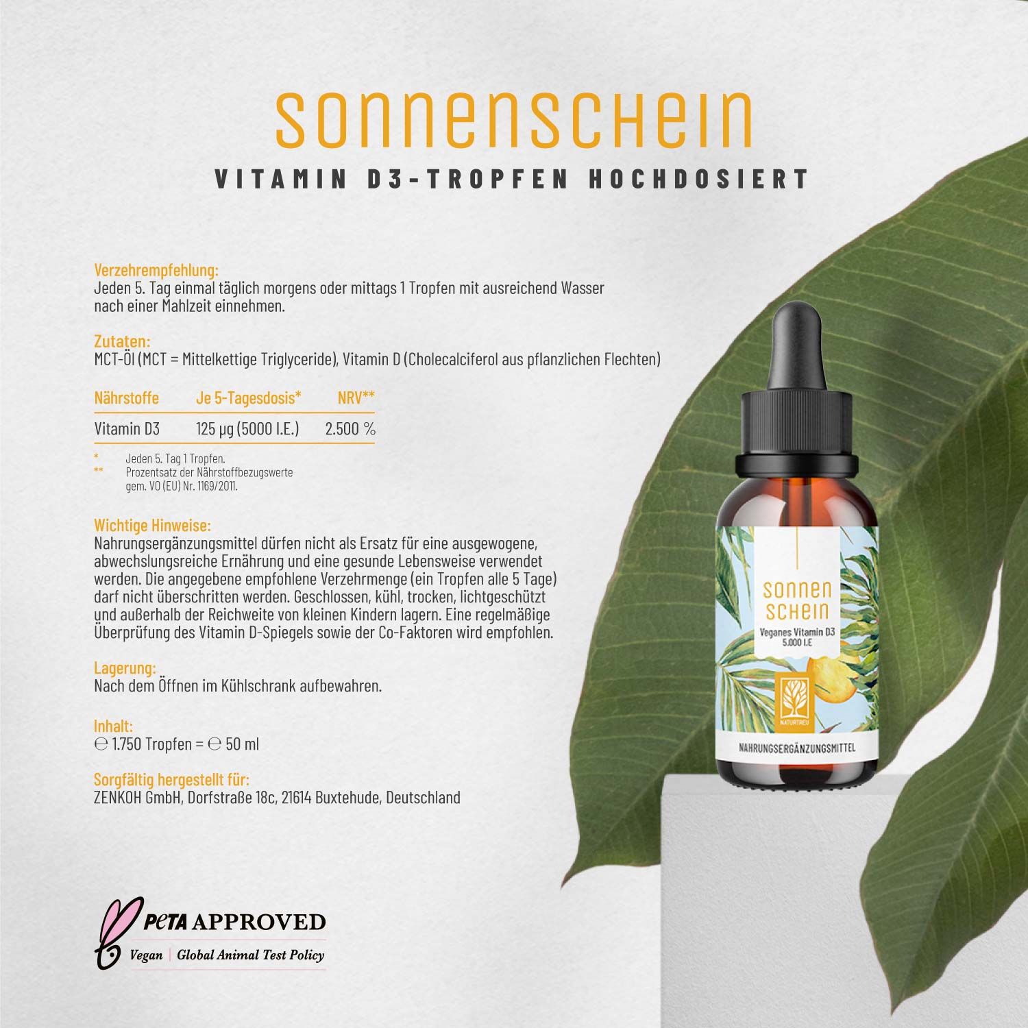 Vitamin D3-Tropfen hochdosiert & vegan - mit 5000 I.E pro Tropfen - Sonnenschein - NATURTREU®