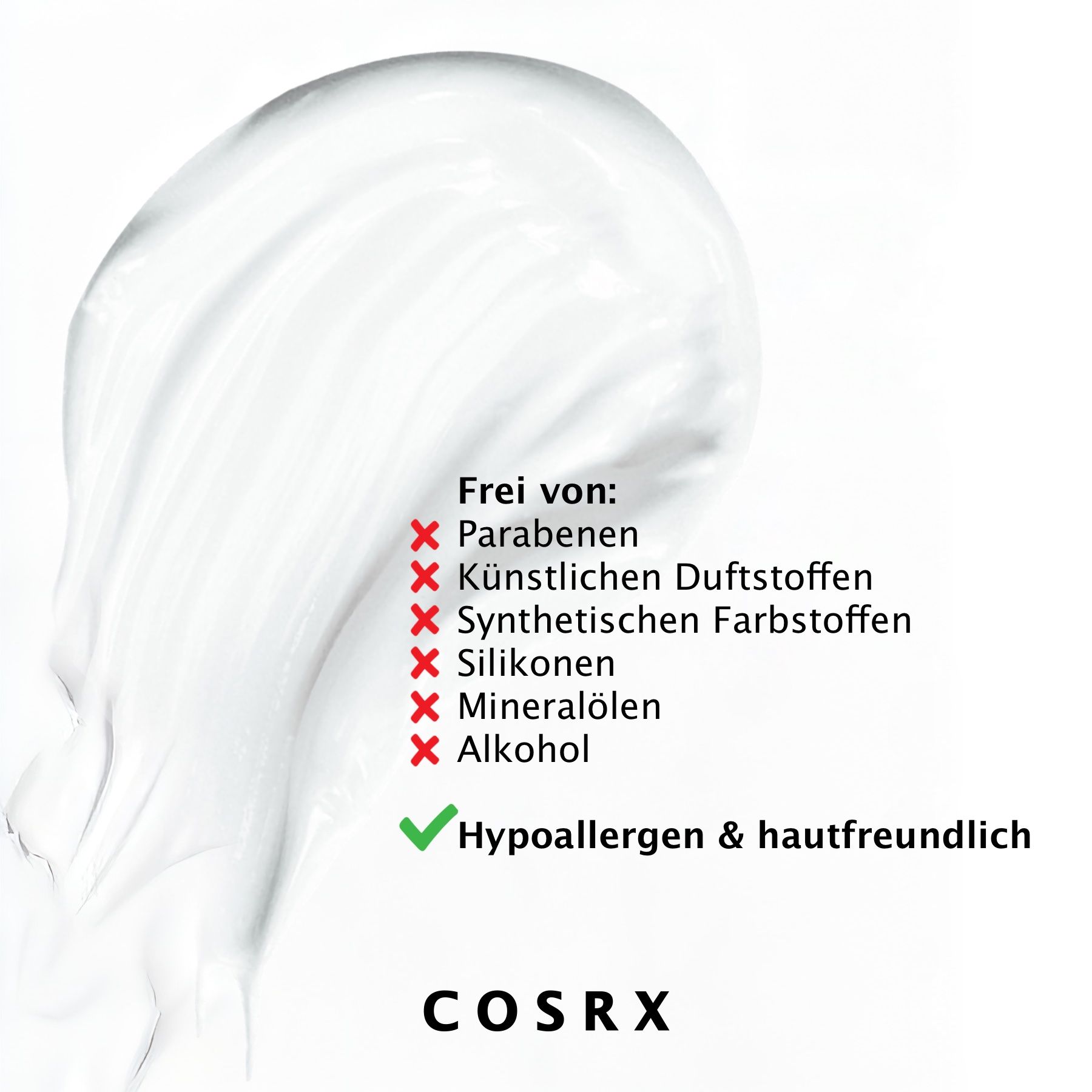 Creme-Textur. Liste: frei von Parabenen, künstlichen Duftstoffen, synthetischen Farbstoffen, Silikonen, Mineralölen, Alkohol. Hypoallergen.