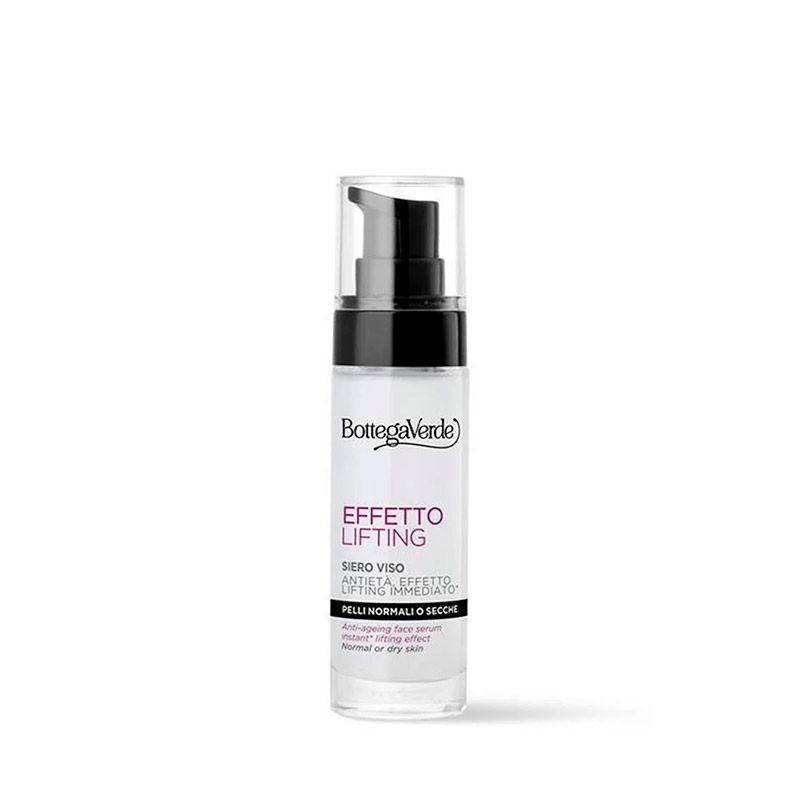 Siero viso anti-età Bottega Verde Effetto Lifting. Flacone in vetro trasparente con erogatore nero. Il nome e la descrizione del prodotto sono stampati in bianco e viola. Adatto per pelli da normali a secche.