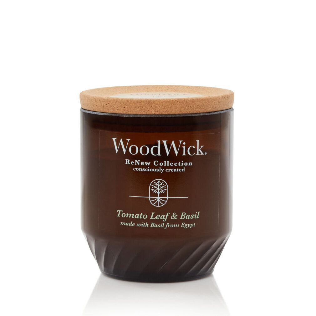 Braune Kerze mit Korkdeckel. Aufschrift: WoodWick, ReNew Collection, Tomato Leaf & Basil.