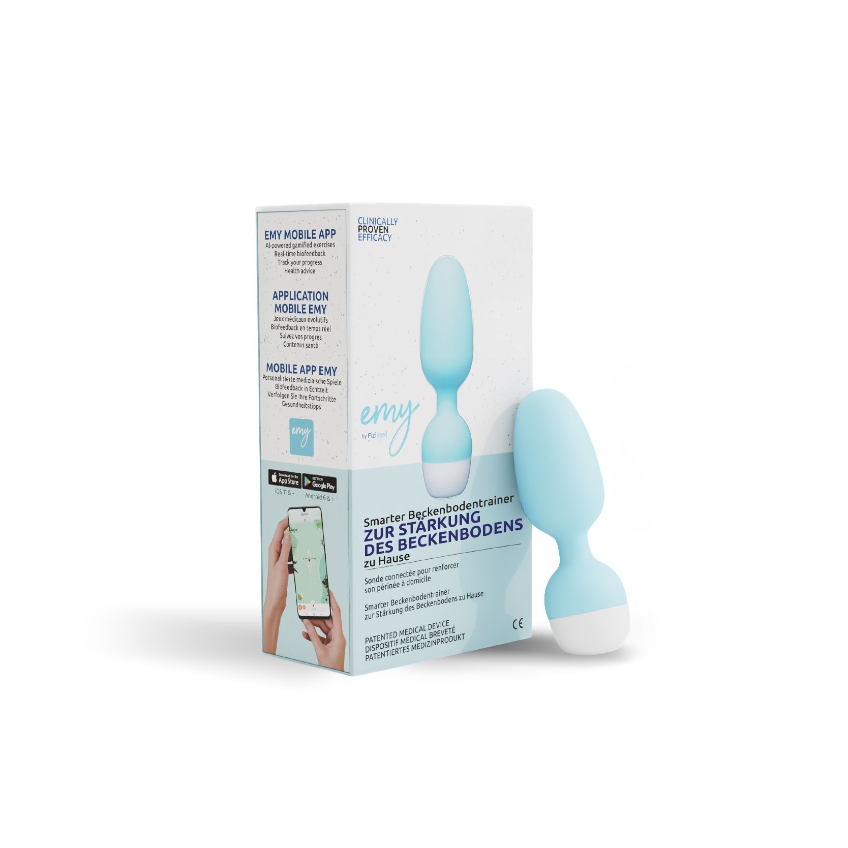 Blau-weißes Beckenbodentrainingsgerät neben Verpackung. Verpackung mit Produktabbildung und Text: "Smarter Beckenbodentrainer".