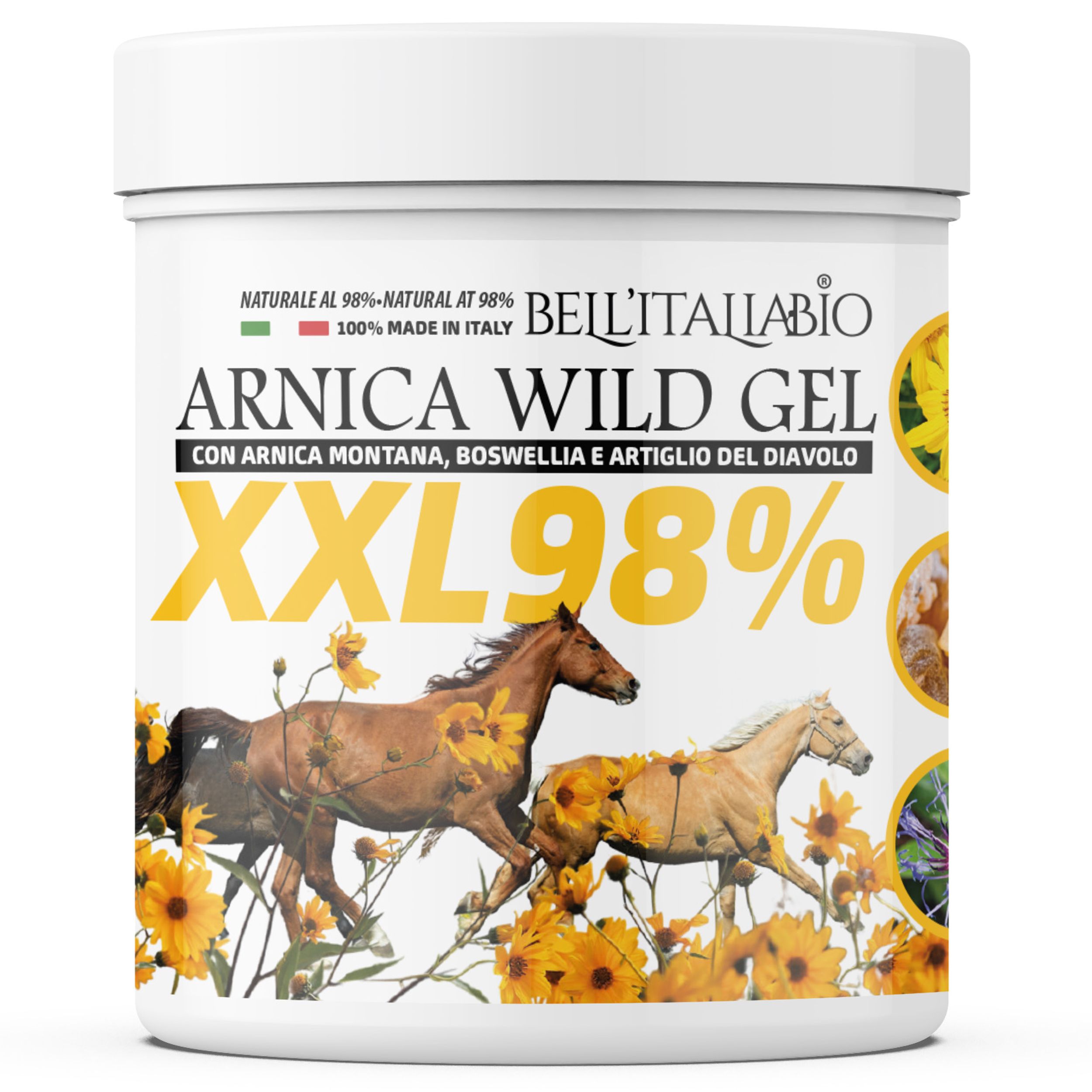 Weißes Produktglas mit Aufschrift ARNICA WILD GEL XXL 98%. Illustration von Pferden und Sonnenblumen. Grün-weiß-rote Flagge.