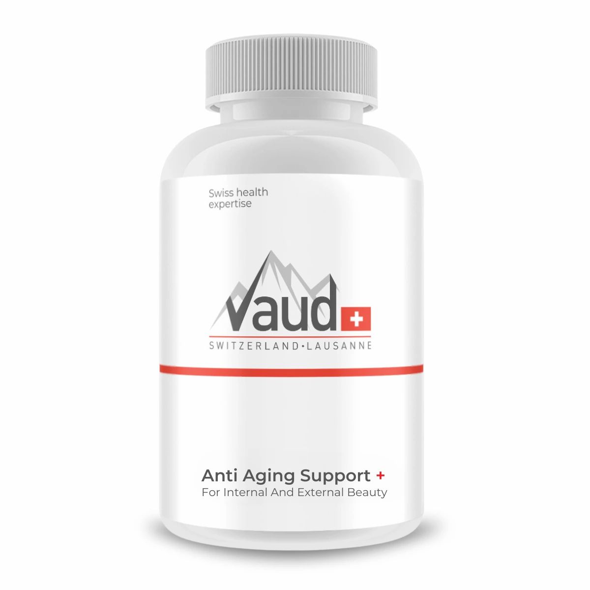 Weiße Flasche mit Kapseln. Aufschrift: Vaud, Anti Aging Support. Schweizer Expertise.