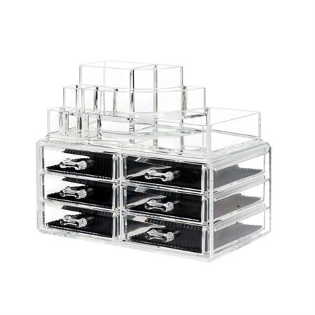 Transparenter Make-up-Organizer mit 6 Schubladen und 18 Fächern. Rechteckig, aus Acryl. Schwarze Schubladenböden.