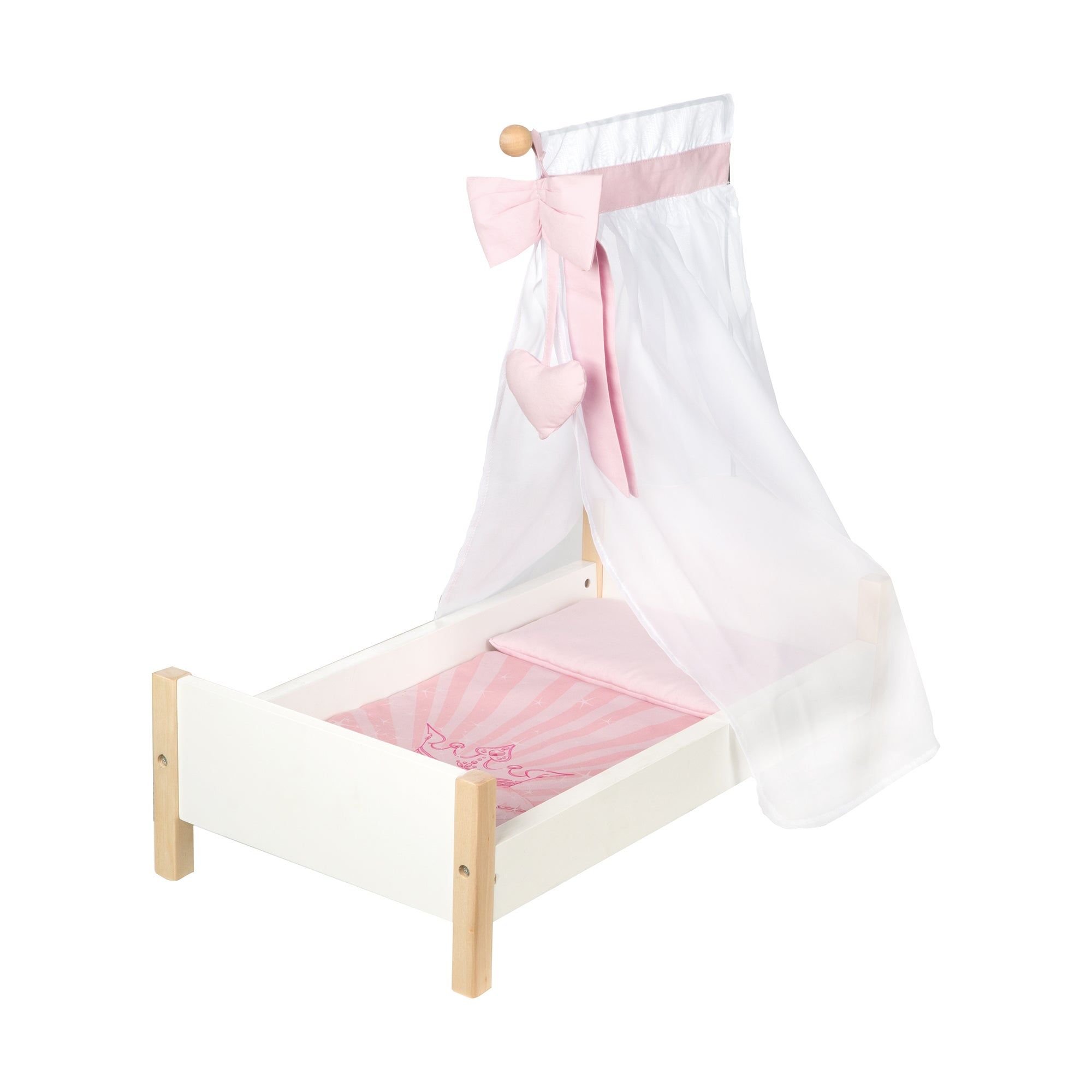 Puppenstandbett Scarlett. Weißes Bett mit Holzbeinen. Rosa Bettwäsche. Weißer Betthimmel mit rosa Schleife und Herz.
