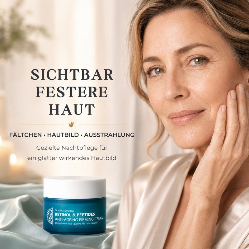 Blauer Tiegel mit Talia Heaven's Dew Retinol & Peptides Anti-Ageing Firming Cream. 50 ml.