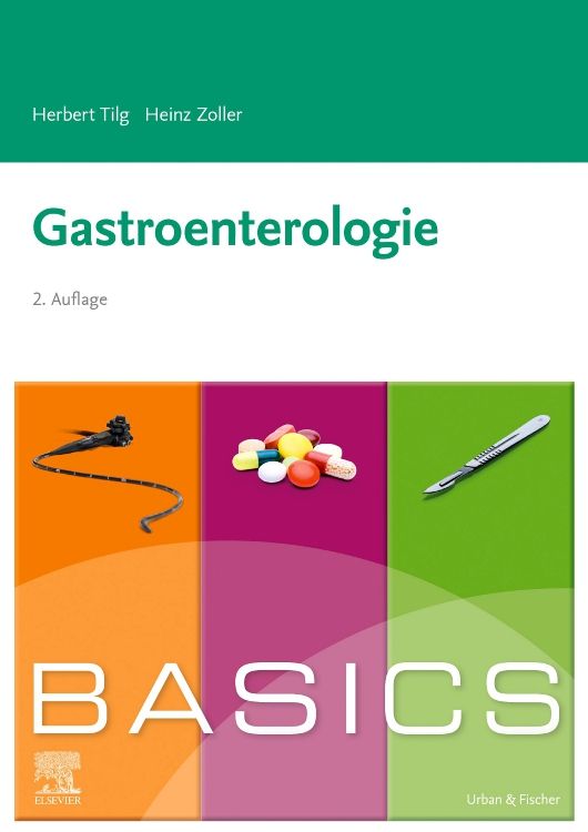 Buchcover: Gastroenterologie, 2. Auflage. Titel und Autoren. Farbige Illustrationen: Endoskop, Tabletten, Skalpell. BASICS-Logo.