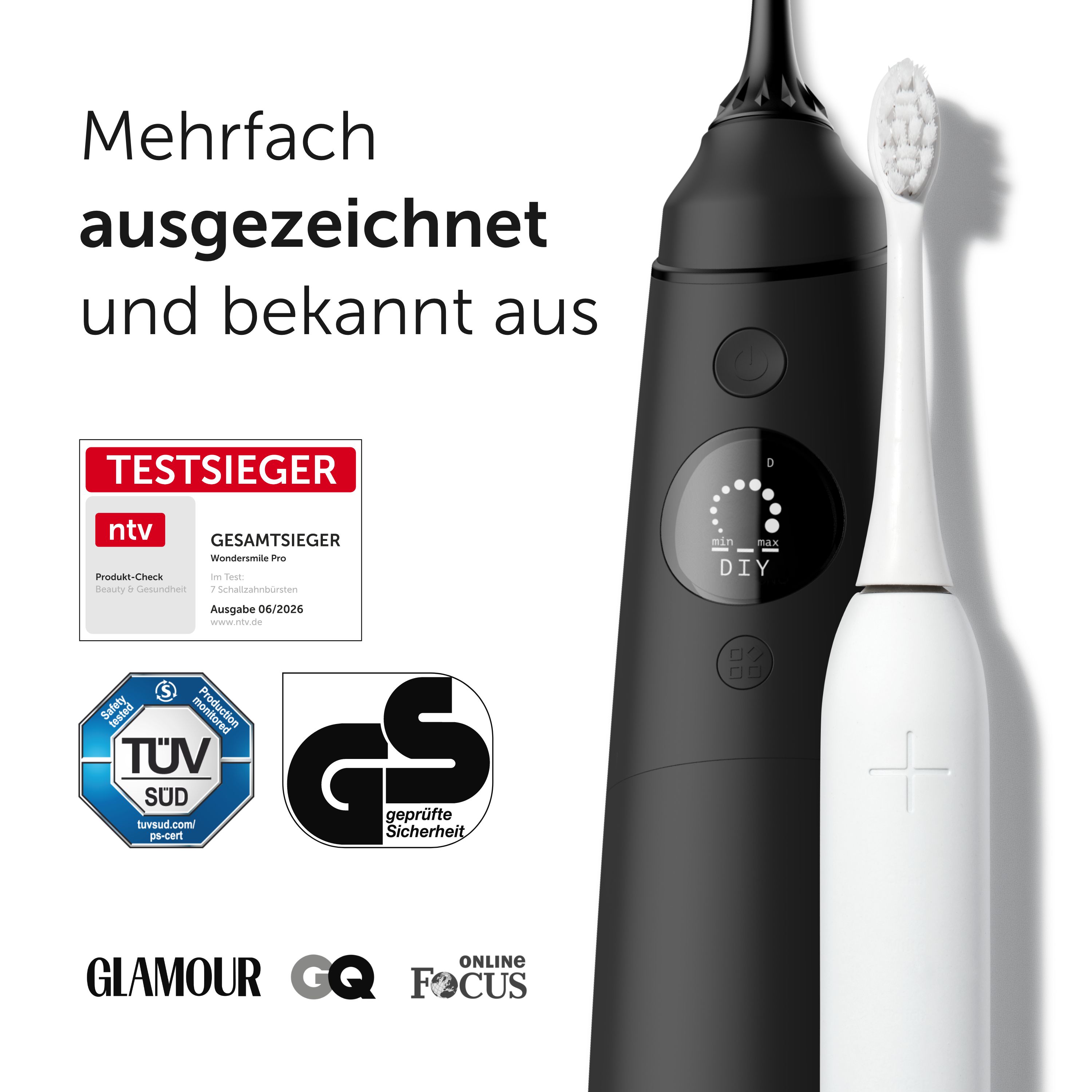 Auszeichnungen 'Testsieger' und 'Geprüfte Sicherheit' neben elektrischer Zahnbürste und Munddusche.
