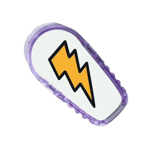 Aufkleber mit Blitz. Lila Umrandung.