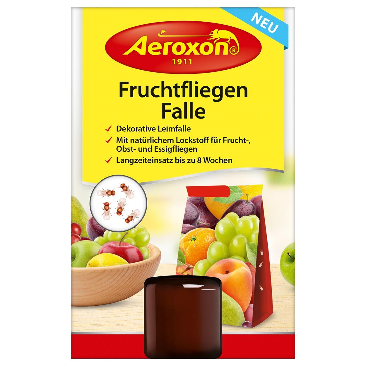 Verpackung der Fruchtfliegen-Falle. Gelber Hintergrund mit Produktnamen und Logo. Abbildung von Früchten und Insekten.