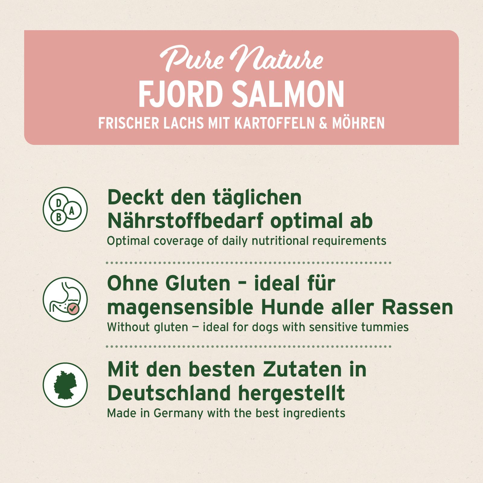 Text mit Informationen über das Futter. Ohne Gluten. Hergestellt in Deutschland. Deckt den täglichen Nährstoffbedarf optimal ab.