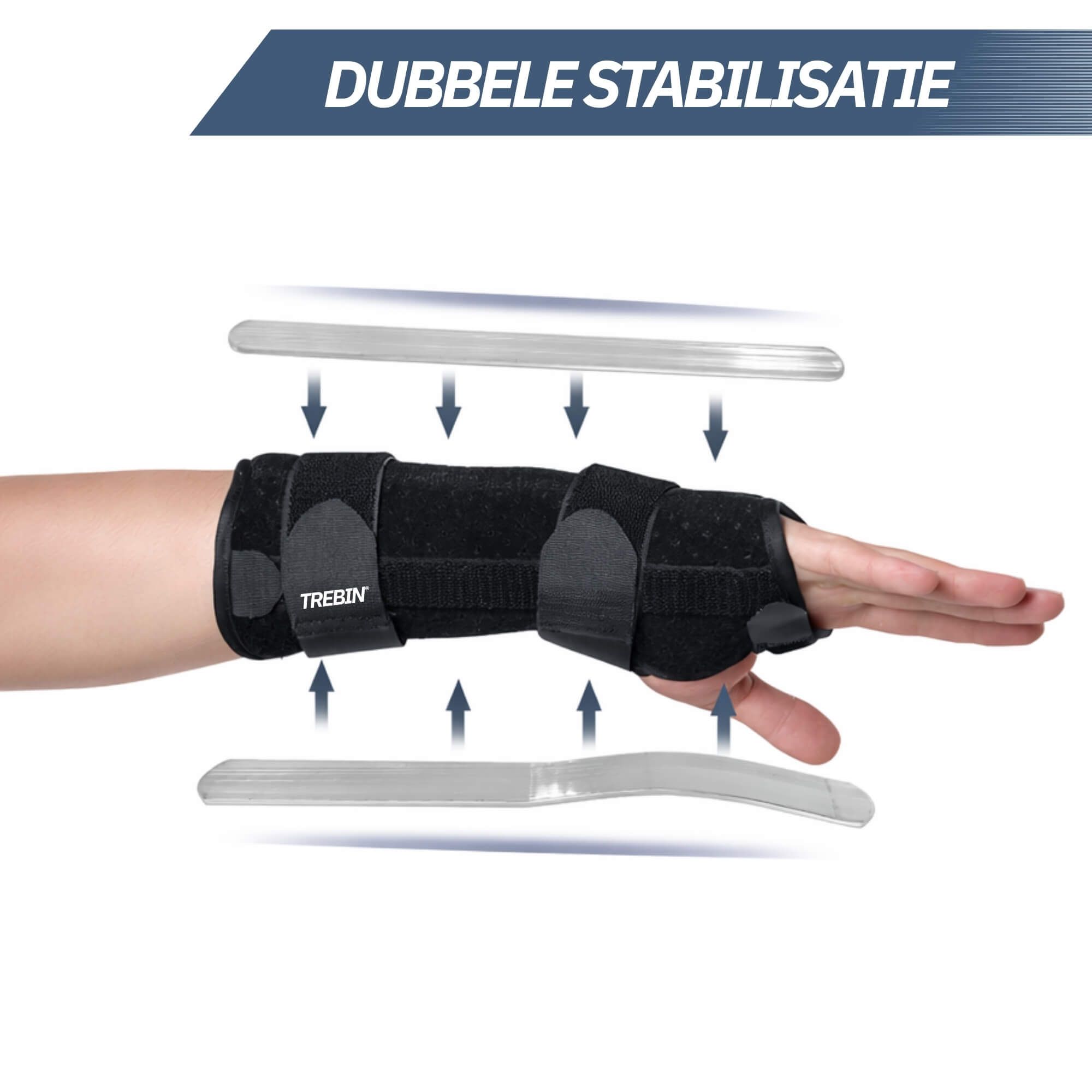Schwarze Handgelenkbandage mit zwei stabilisierenden Metallschienen.