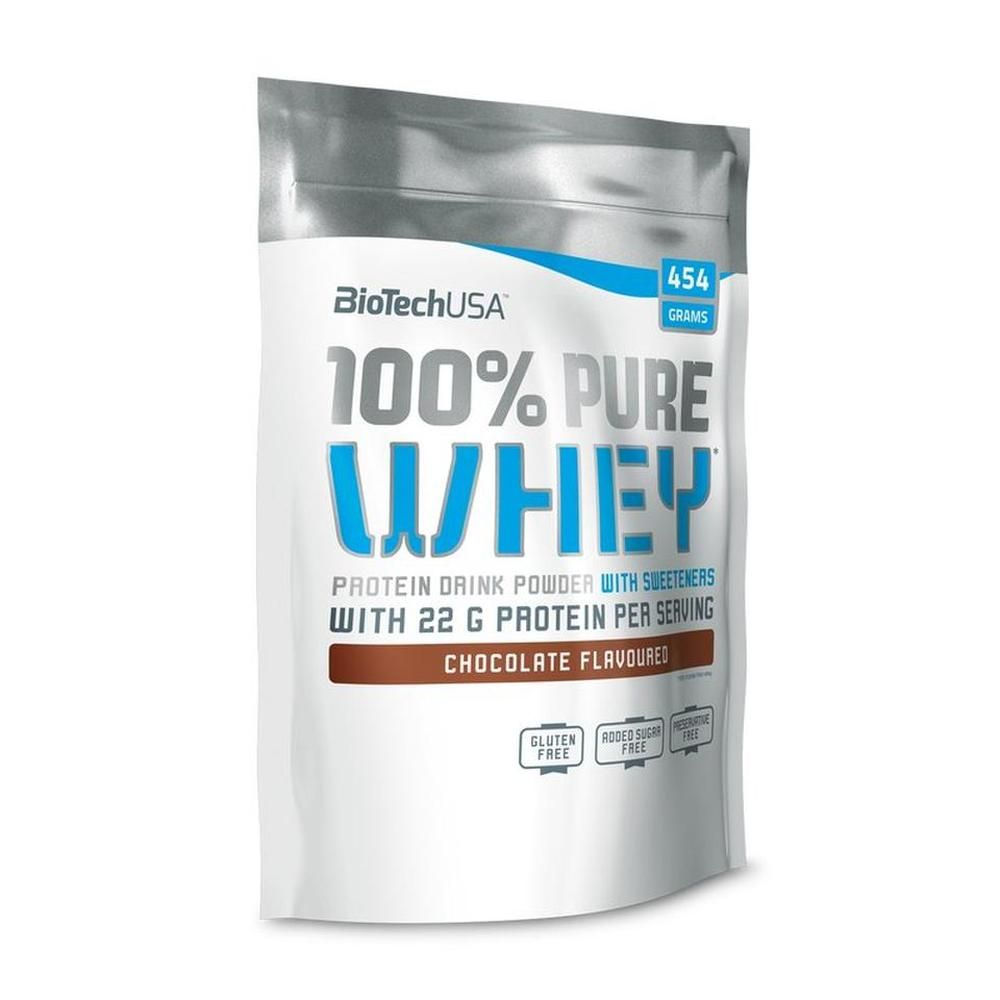 Beutel BioTechUSA 100% Pure Whey, Schokoladengeschmack. Enthält 454 Gramm. Glutenfrei, ohne Zuckerzusatz.