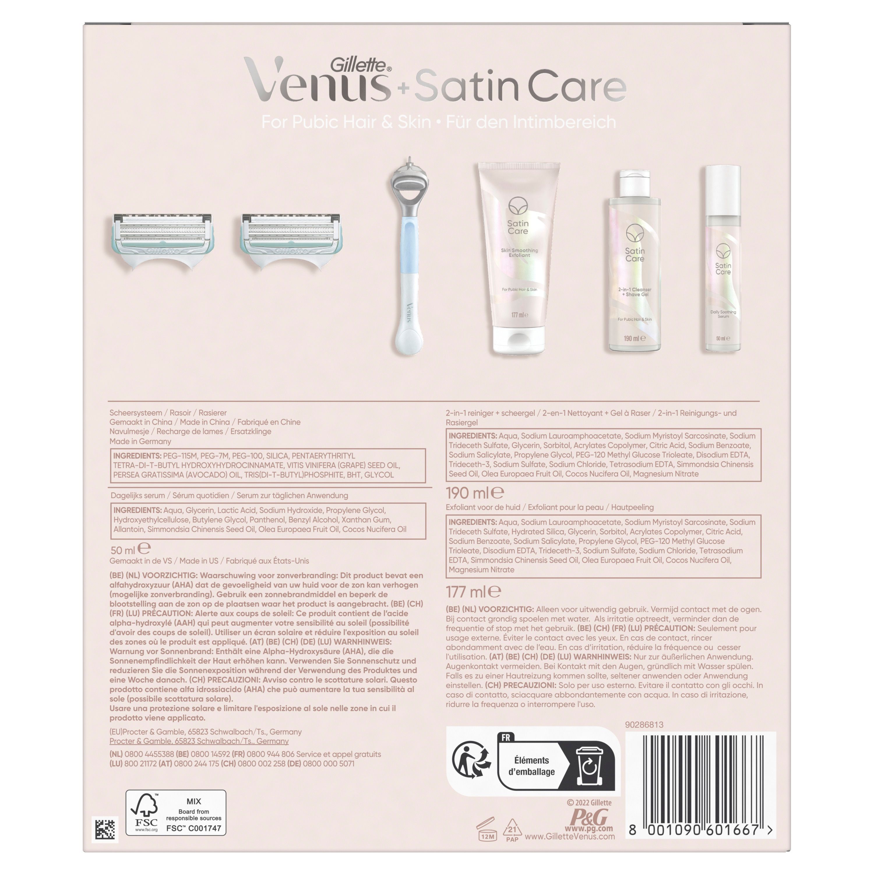 Rückseite der Produktverpackung mit Inhaltsstoffen und Informationen. Text: Venus+Satin Care, Inhaltsstoffe, Warnhinweise.