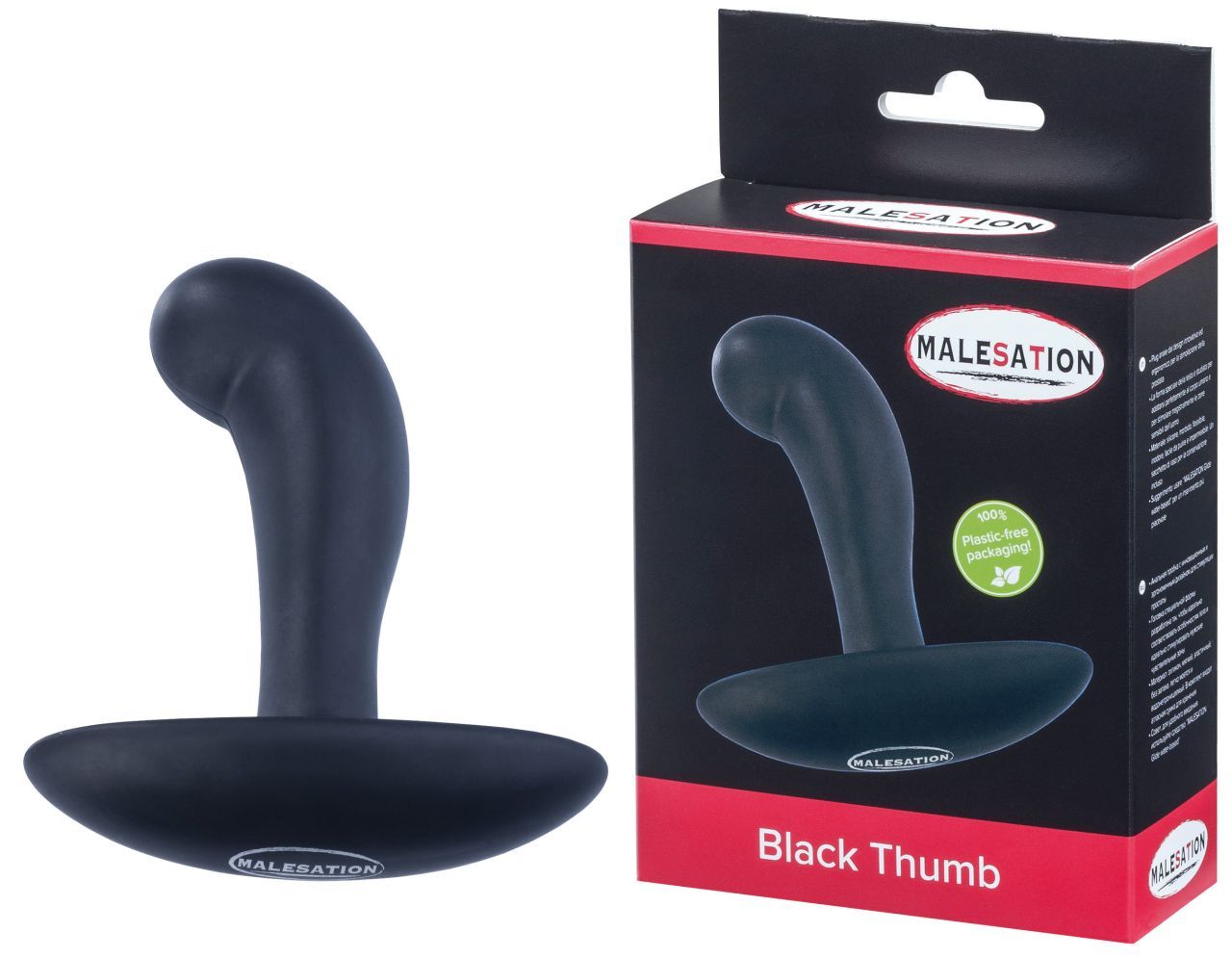 Schwarzer, Daumen-förmiger Analplug. In roter und schwarzer Verpackung mit Produktnamen. Marke: MALESATION.