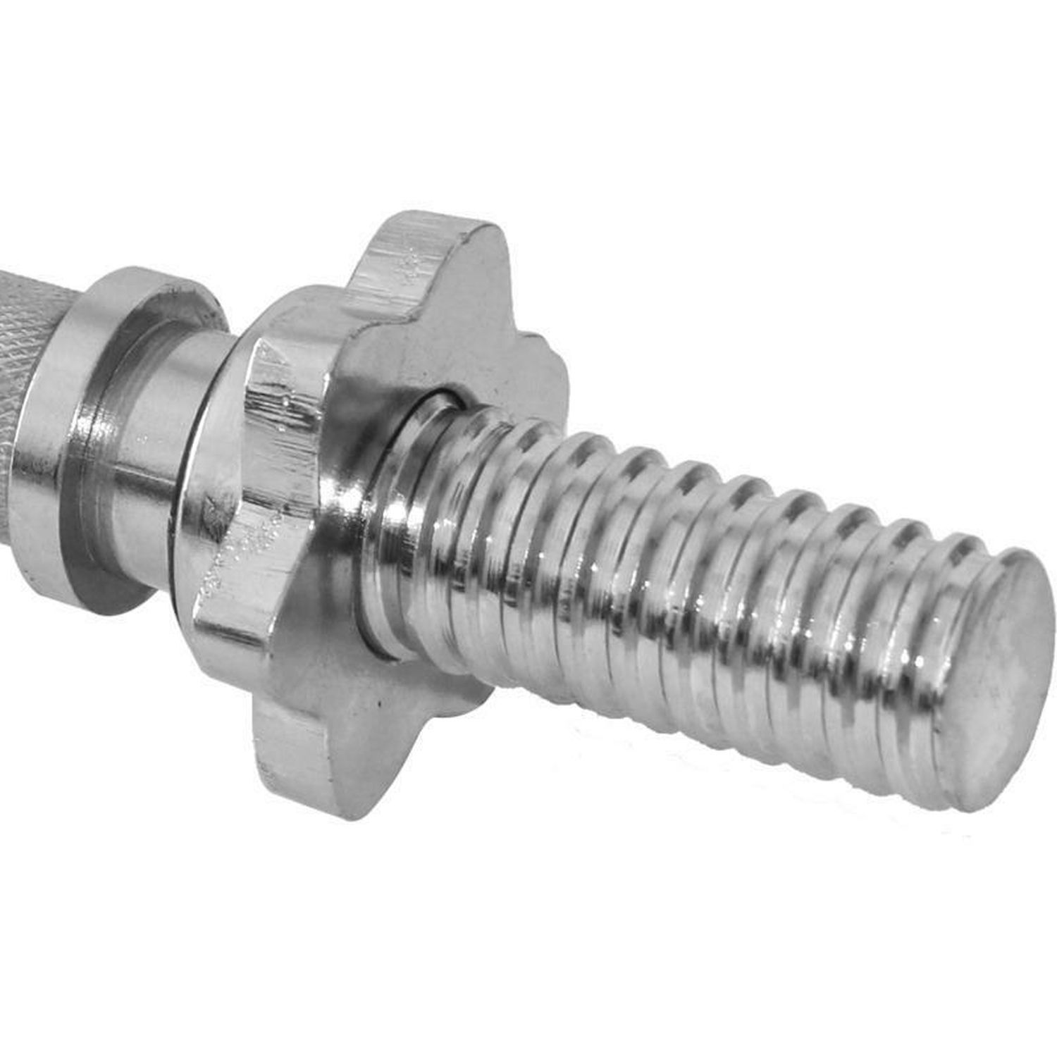 Nahaufnahme eines Gewindes und Verschlusses einer Kurzhantelstange. Metallisch glänzend. Gerändelt.
