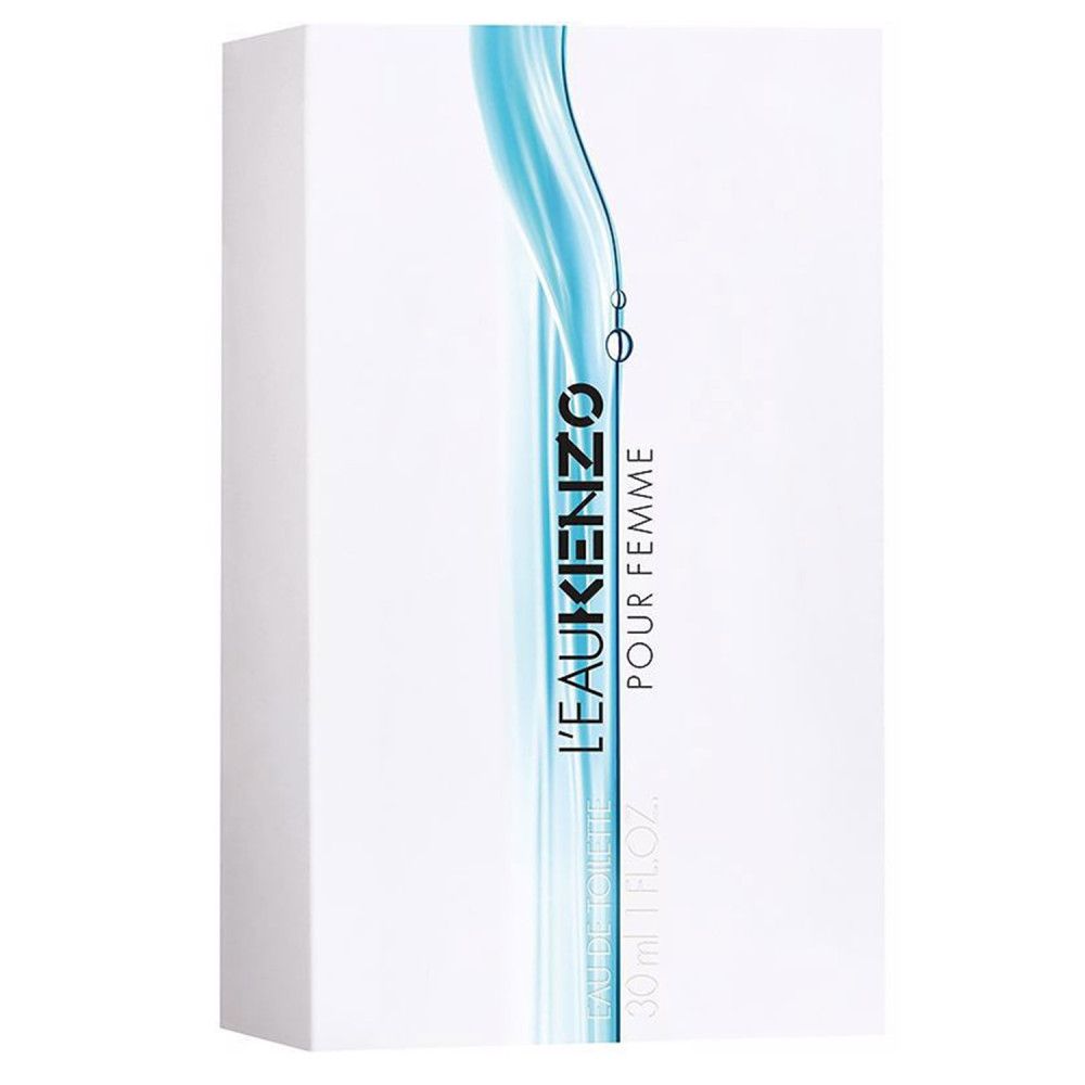 Verpackung von Kenzo L'Eau Kenzo Pour Femme. Weißer Karton mit blauem Wellenmuster. Text: L'EAU KENZO POUR FEMME, 30ml 1 FL.OZ.