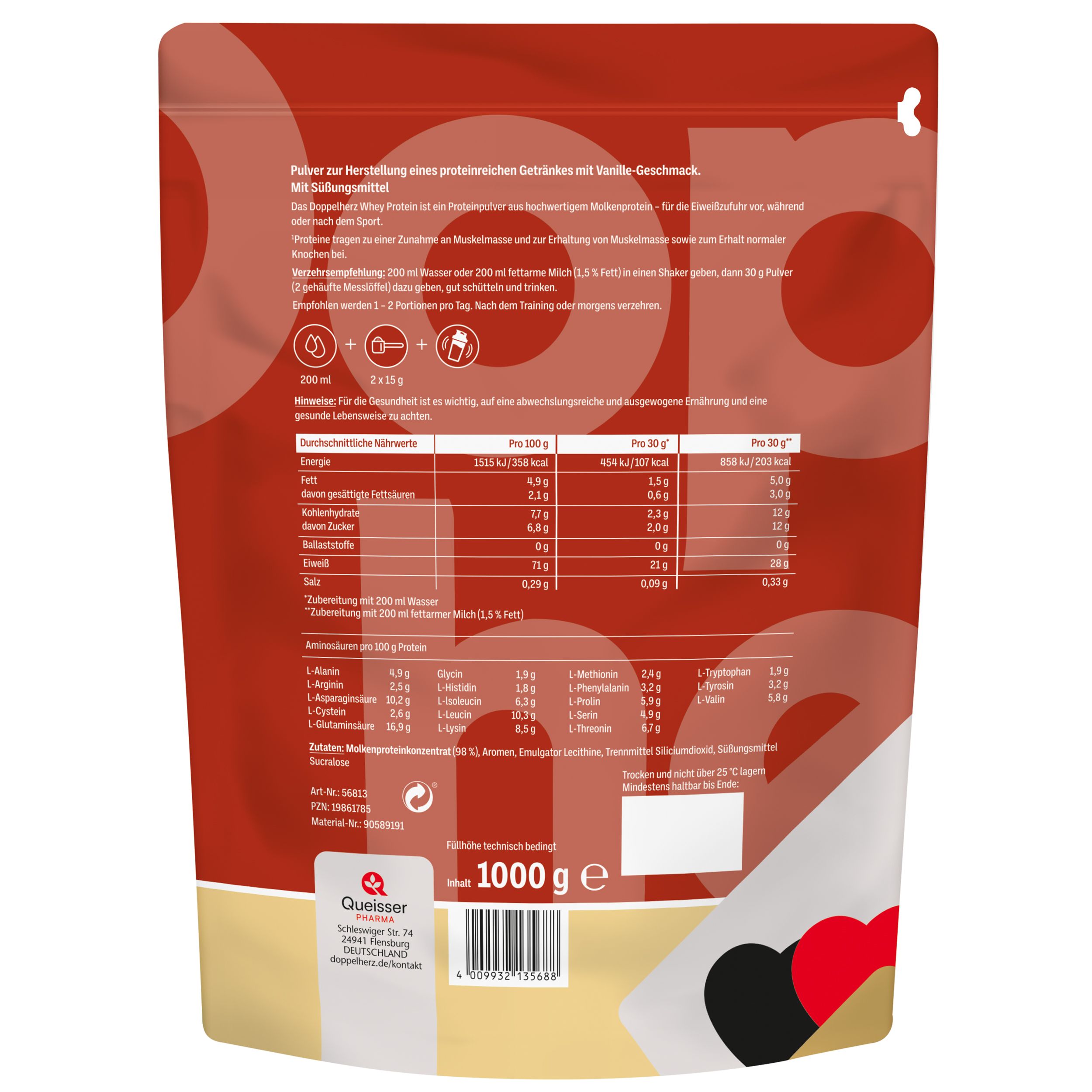 Rückseite der Proteinpulver-Verpackung. Nährwertangaben, Zutatenliste und Herstellerinformationen sind sichtbar. 1000g.