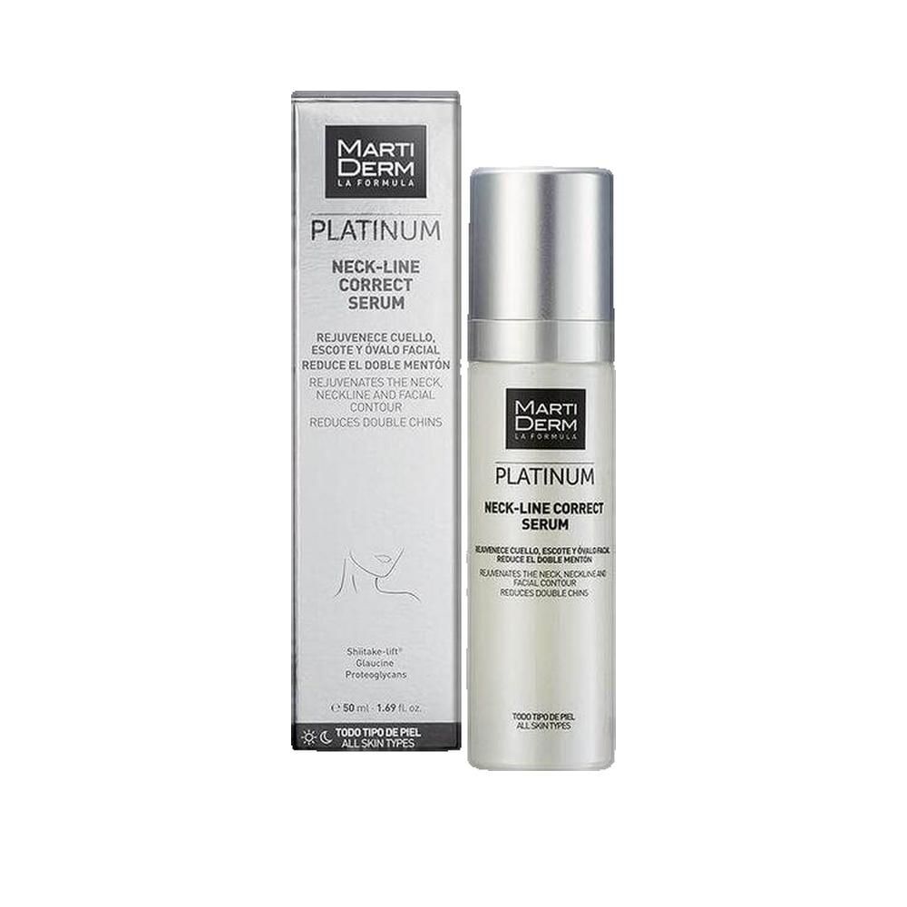 Martiderm Platinum Serum, Flasche und Verpackung. Silberne Kappe, weißes Etikett mit Text. Für Gesicht und Hals.