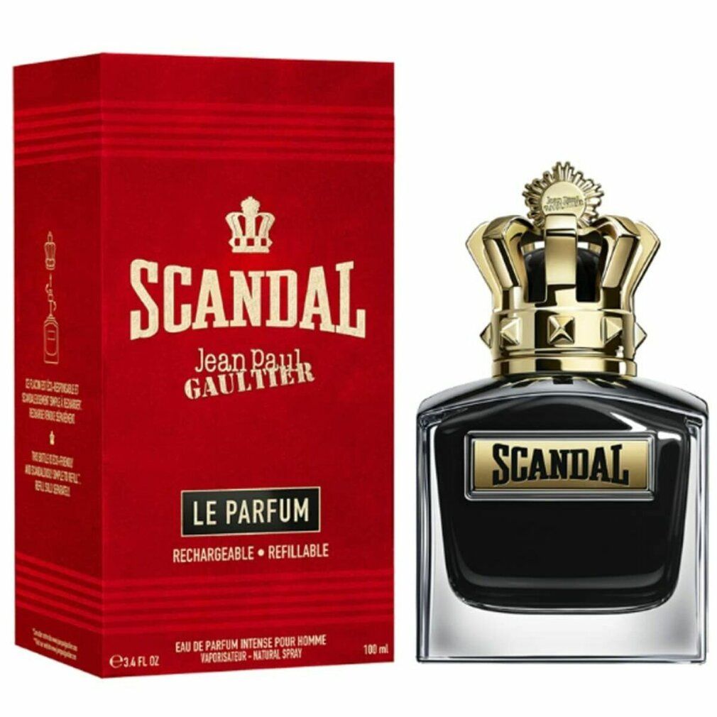 Schwarzer Flakon mit goldener Krone und Aufschrift SCANDAL. Roter Karton mit Logo und Schriftzug SCANDAL Jean Paul Gaultier.