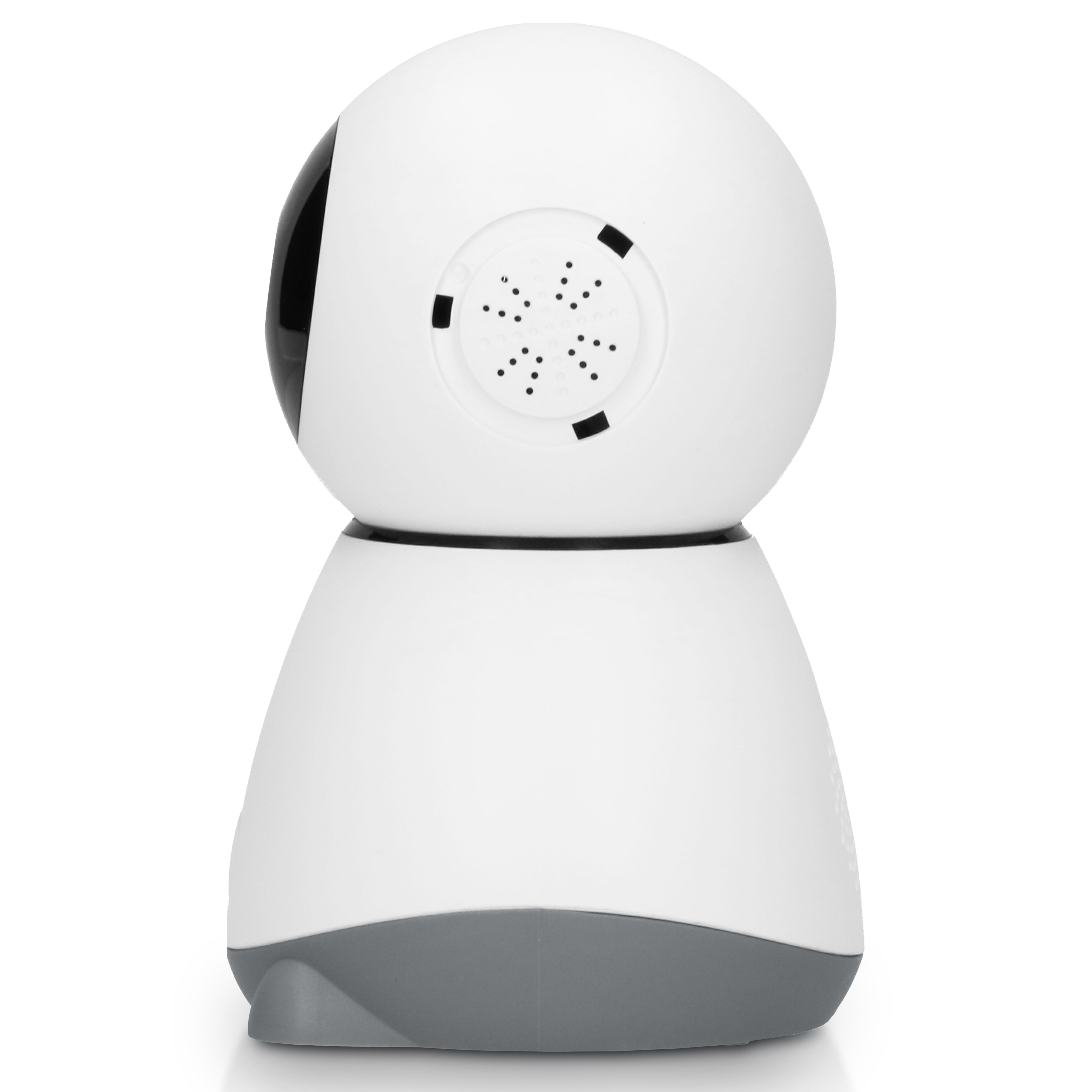 Babyphone mit Kamera. Weiß-grau, rundlich. Rückansicht. Lautsprecheröffnungen.