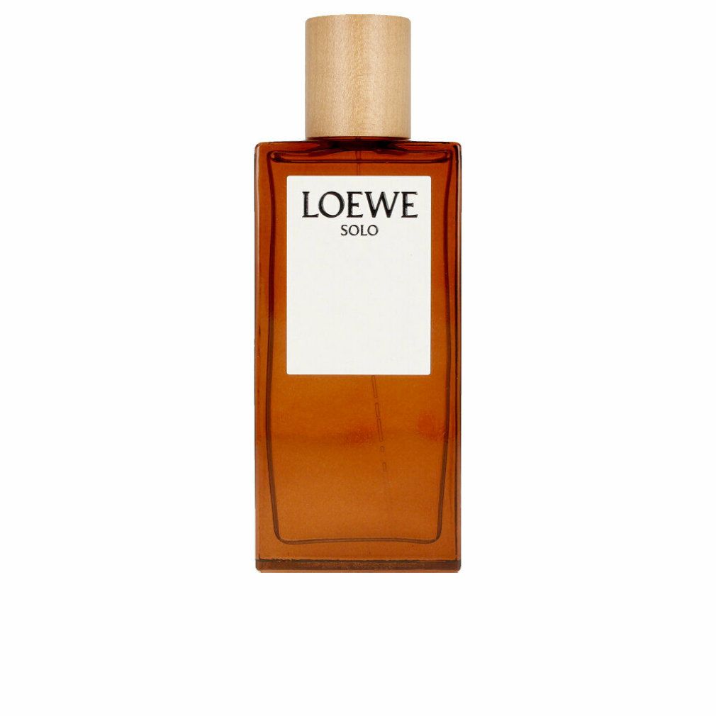 Loewe Solo Pour Homme Edt Spray Flakon. Rechteckiger Flakon mit Holzdeckel. Logo Loewe Solo.