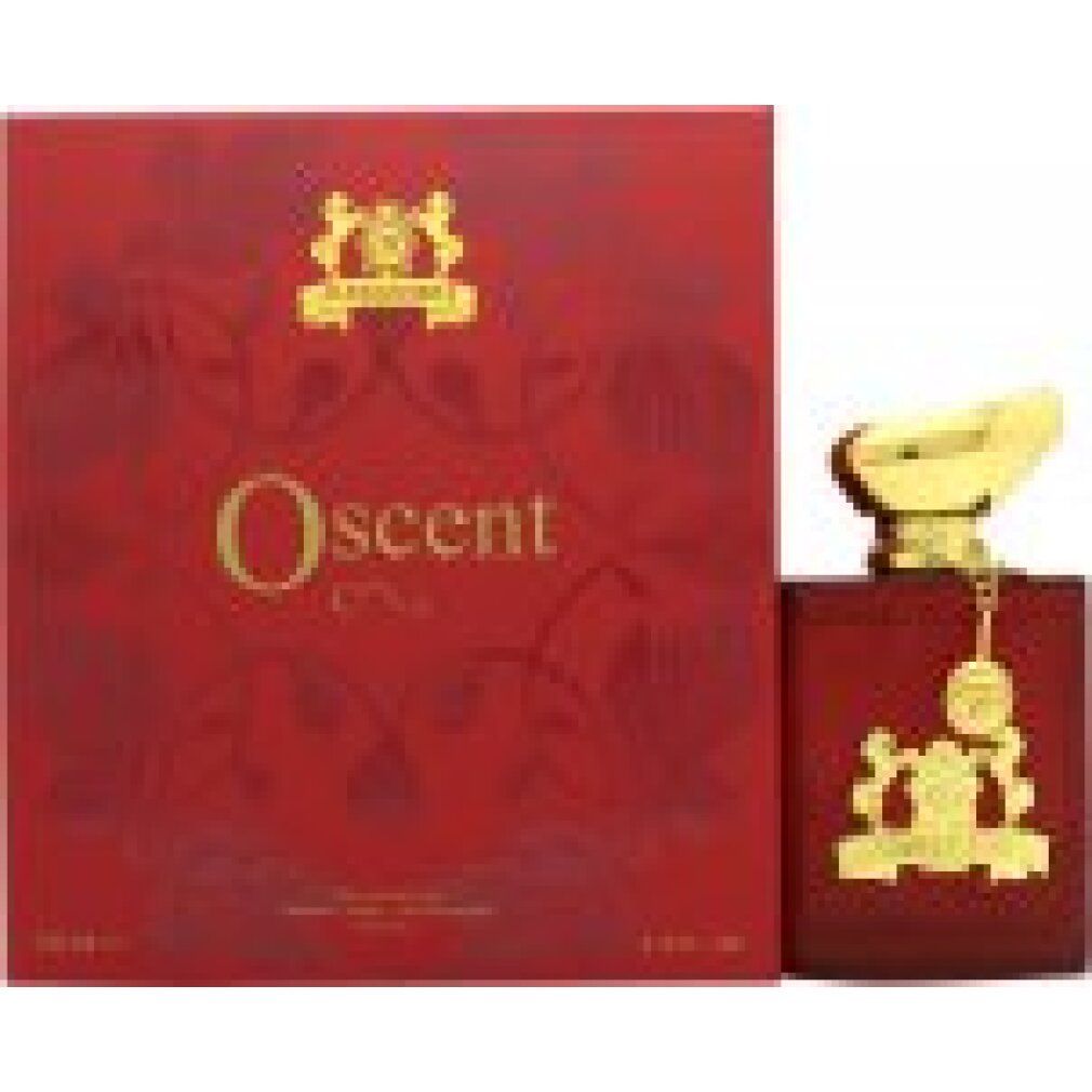 Roter Flakon und Verpackung. Goldfarbene Details. Aufschrift 'Oscent'. Marke Alexandre.j.