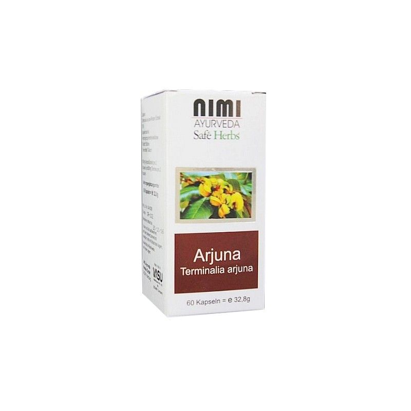 Weiße Schachtel mit Aufschrift Nimi Ayurveda Safe Herbs. Aufdruck mit Arjuna, Terminalia arjuna und 60 Kapseln.