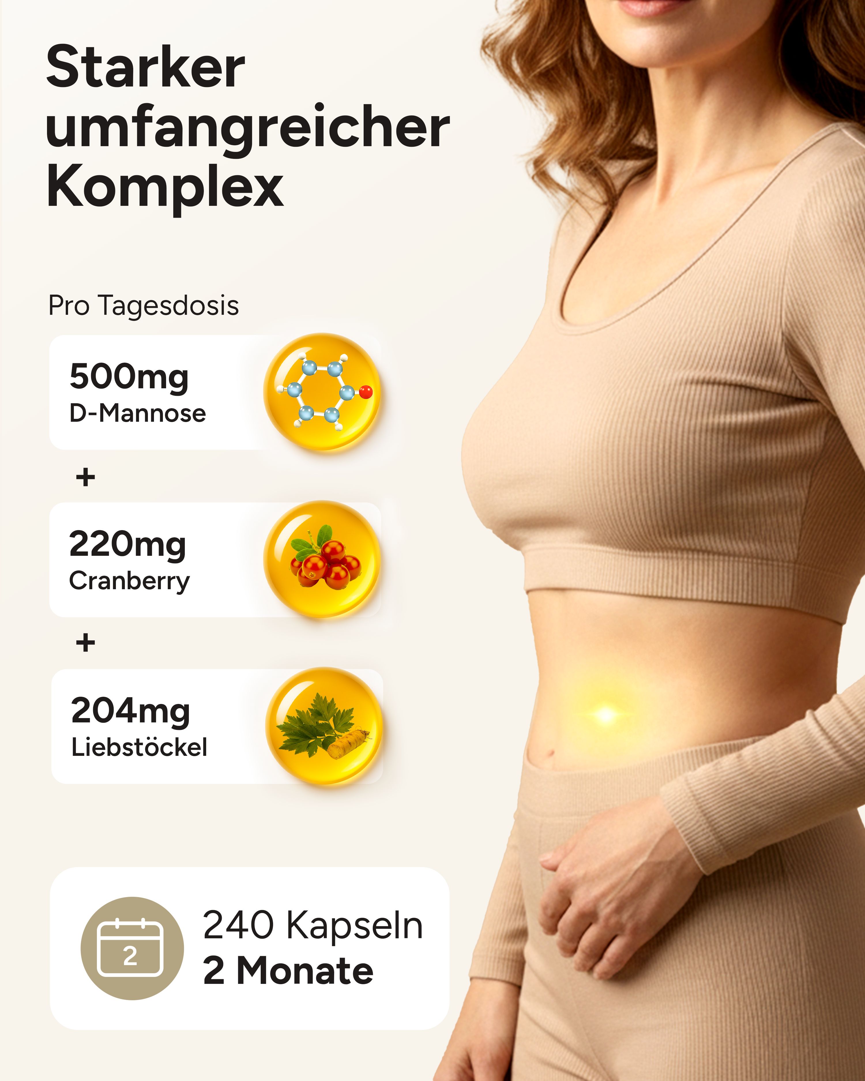 Grafik mit Inhaltsstoffen: 500mg D-Mannose, 220mg Cranberry, 204mg Liebstöckel. 240 Kapseln, 2 Monate.