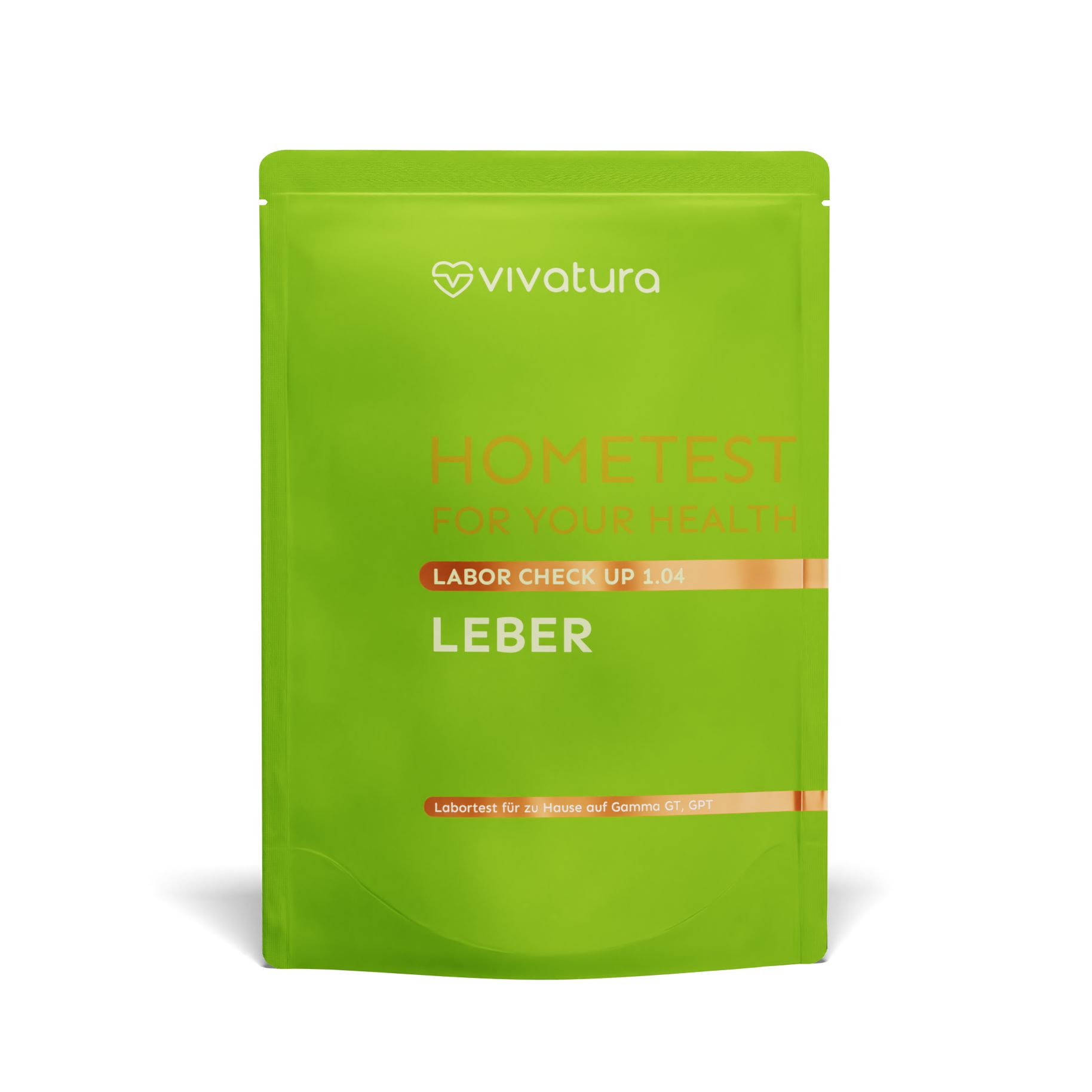 Grüne Verpackung mit "vivatura"-Logo und "Leber"-Test-Kit-Aufschrift. Text: "HOMETEST FOR YOUR HEALTH".