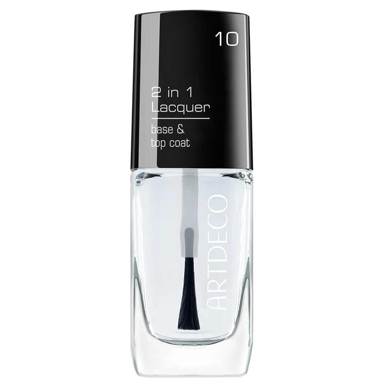 Klare Nagellackflasche mit schwarzem Deckel. Aufschrift: 2 in 1 Lacquer, base & top coat. Marke: Artdeco. Nummer 10.