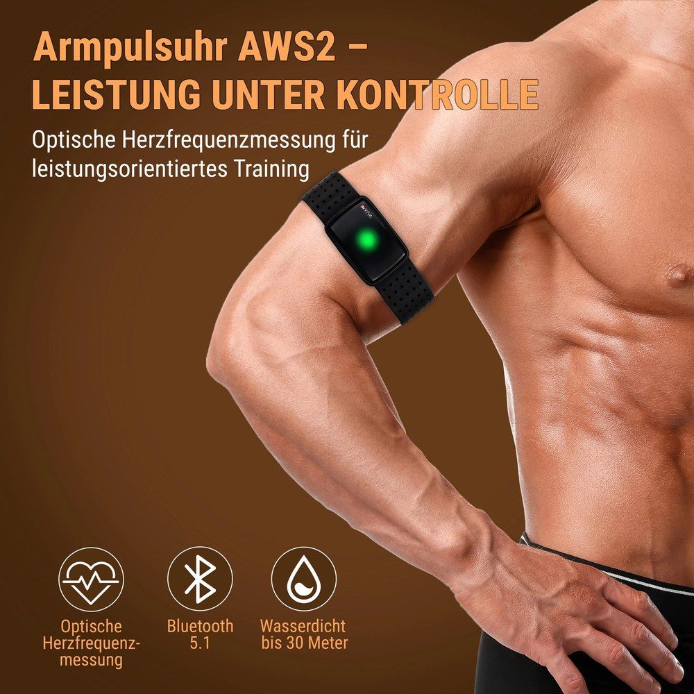 Armpulsgurt mit optischer Herzfrequenzmessung und Bluetooth 5.1, wasserdicht bis 30m.
