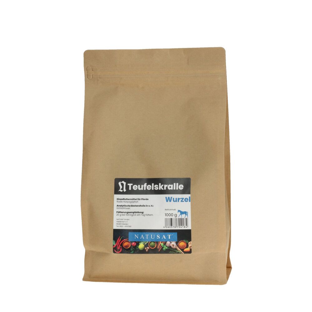 Braune Papiertüte mit Etikett. Text: Teufelskralle Wurzel, Natusat, 1000 g.