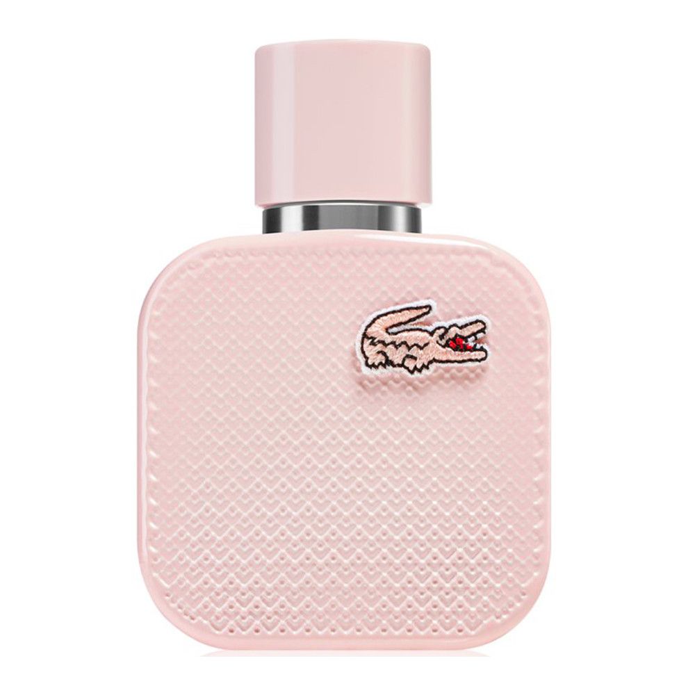 Rosa Lacoste L.12.12 Rose EdP Nat. Spray Flakon. Logo Krokodil. Quadratische Form, geriffelte Oberfläche.