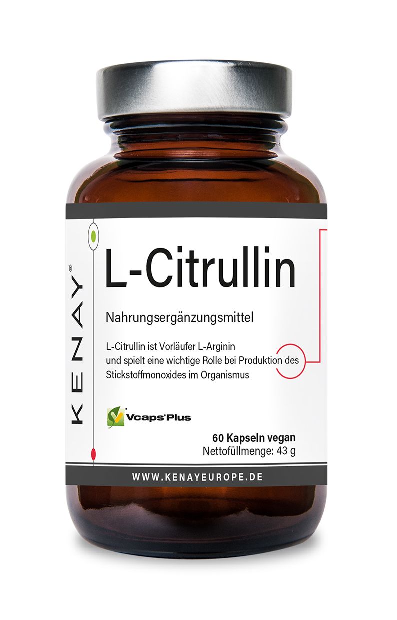 Braune Glasflasche mit weißem Etikett. Aufschrift: L-Citrullin, Nahrungsergänzungsmittel, 60 Kapseln vegan. Marke: KENAY.