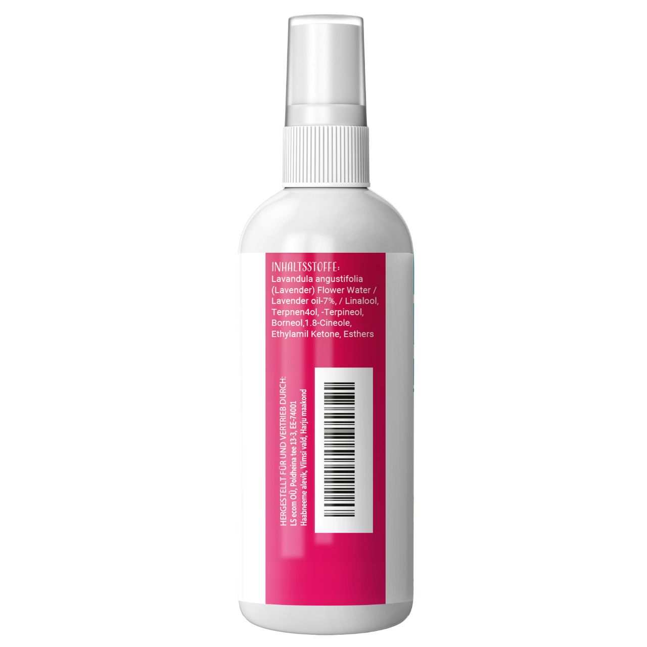 Rückseite einer weißen Sprühflasche mit rosa Etikett. Text: Inhaltsstoffe. Barcode. Herstellerinformationen.