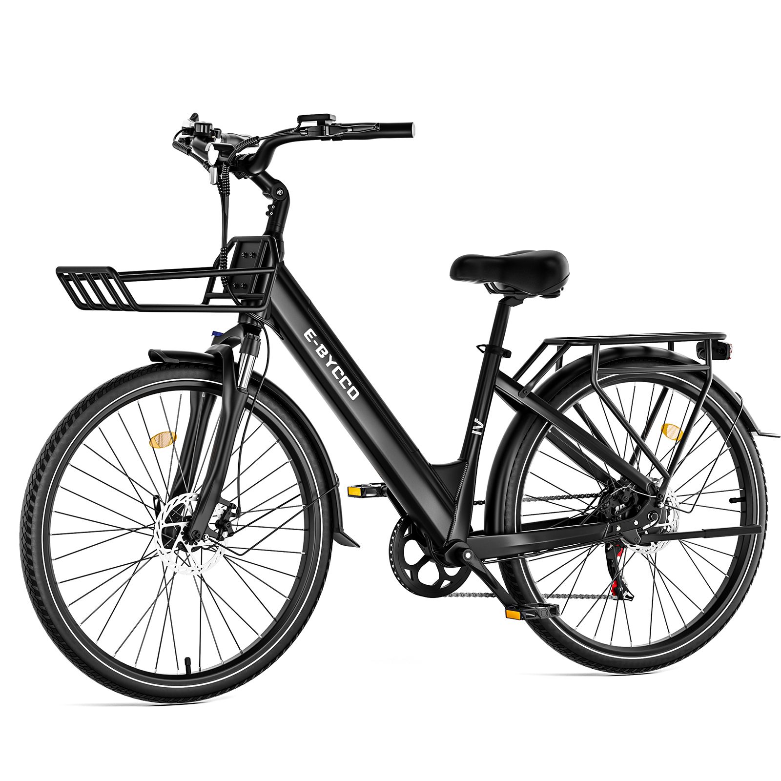 Schwarzes E-Bike mit Gepäckträger, Korb und Schutzblechen. Marke E-BYCCO.