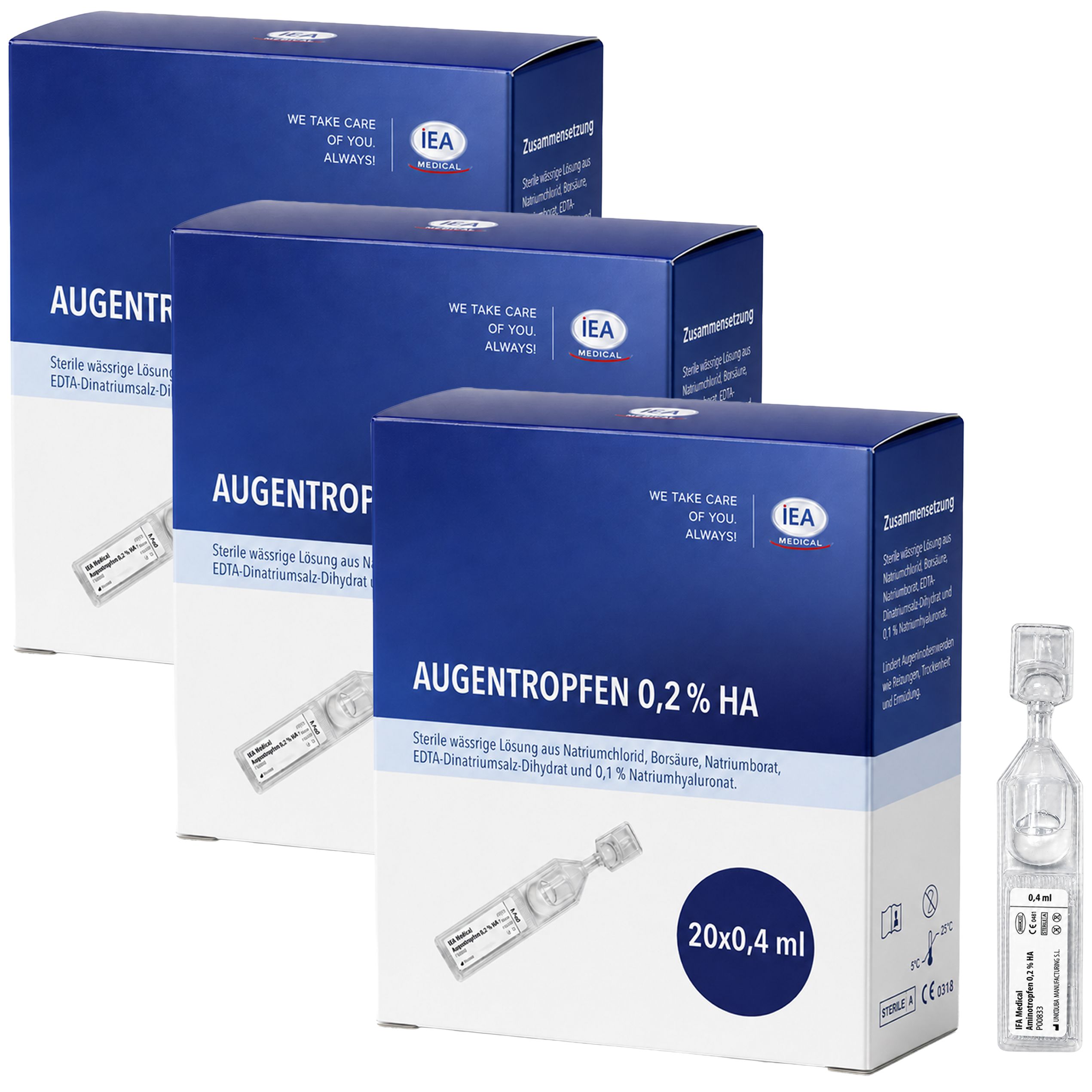 IEA Medical Augentropfen 0,1% HA, sterile Lösung in 20x0,4ml Einzeldosisbehältern.