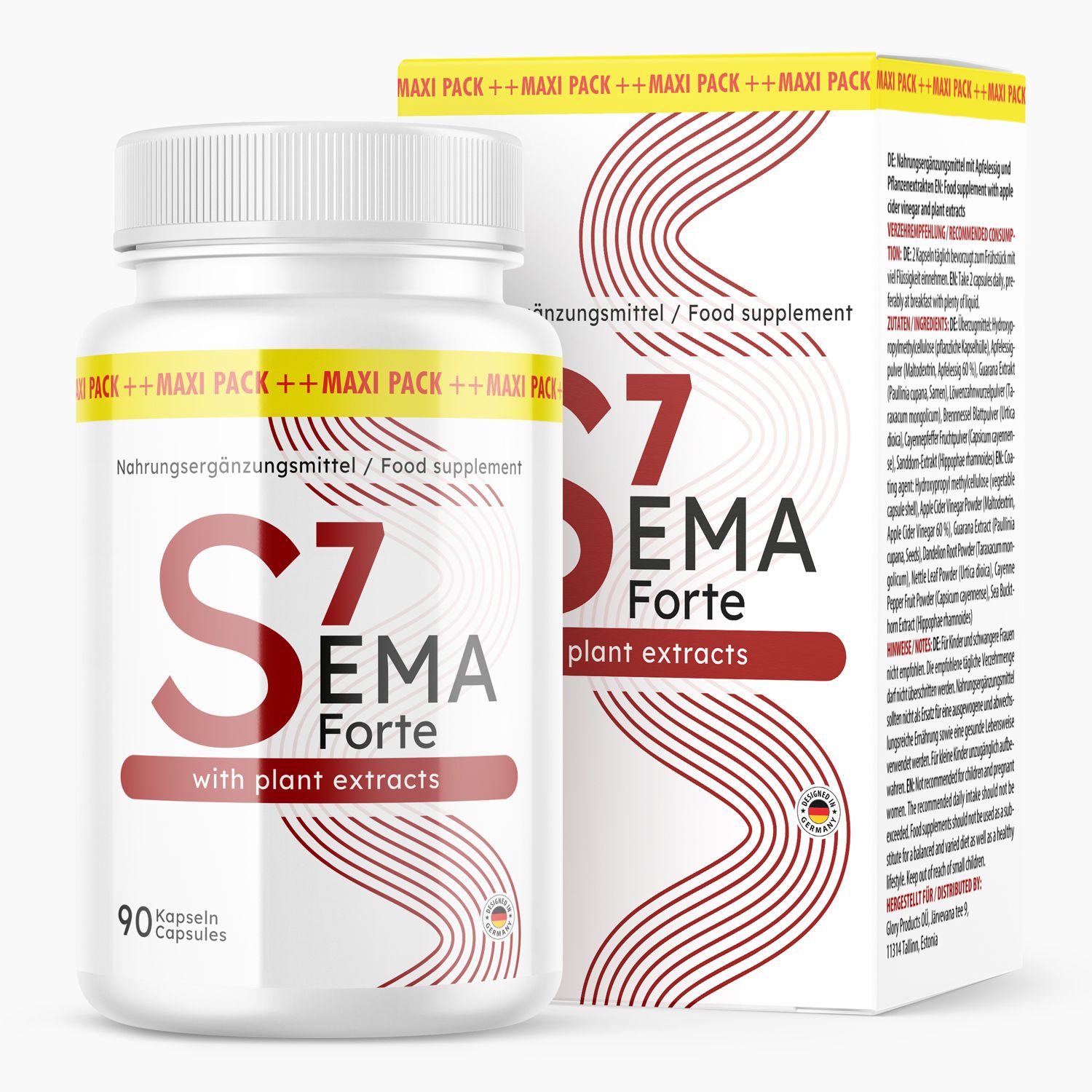 Weiße Flasche mit Kapseln und Verpackung. Aufschrift: S7 Sema Forte, 90 Kapseln. Zusatz: with plant extracts. Maxi Pack.