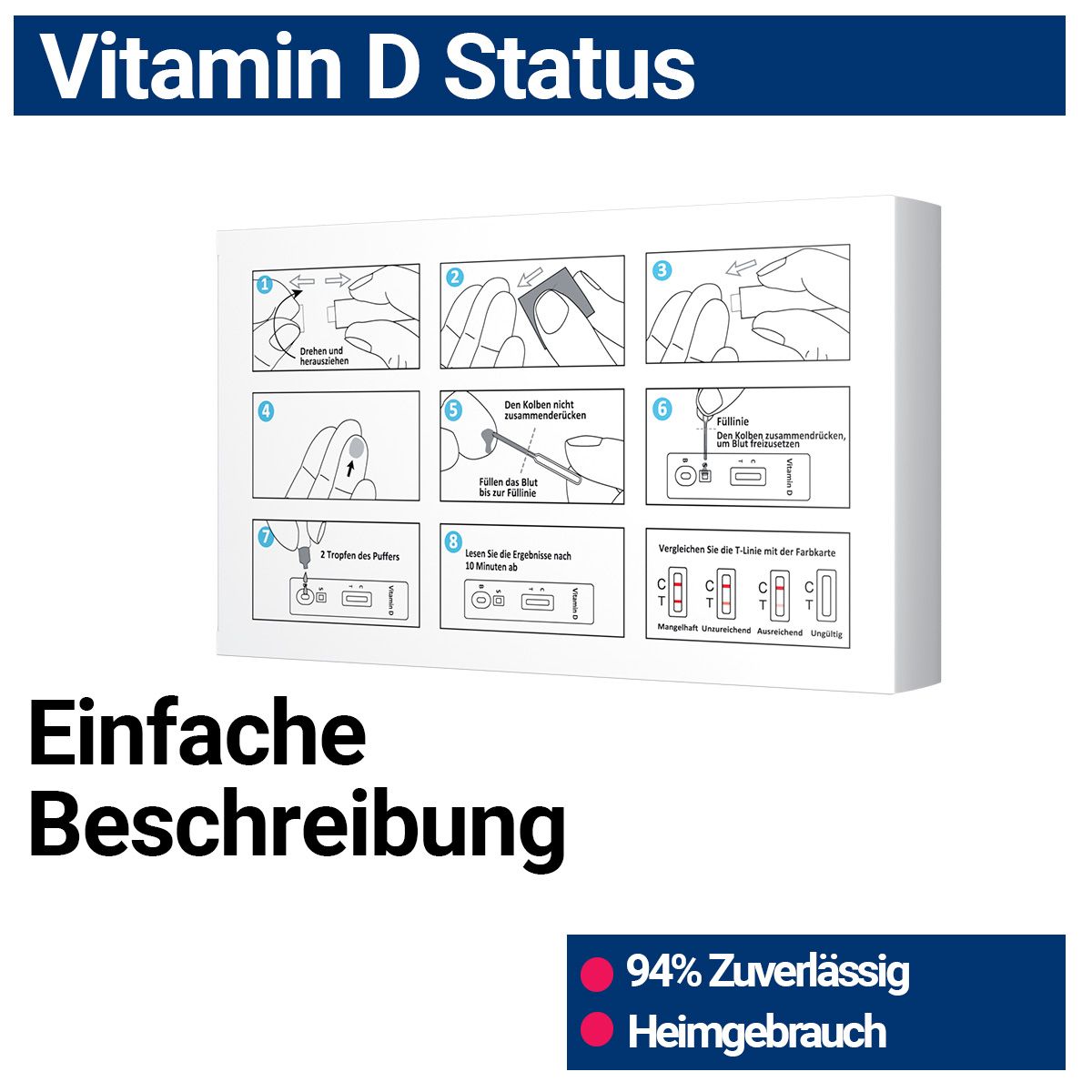 Anleitung zur Anwendung des Vitamin-D-Tests. Illustrationen zeigen die Schritte. Text: 'Einfache Beschreibung', '94% Zuverlässigkeit'.