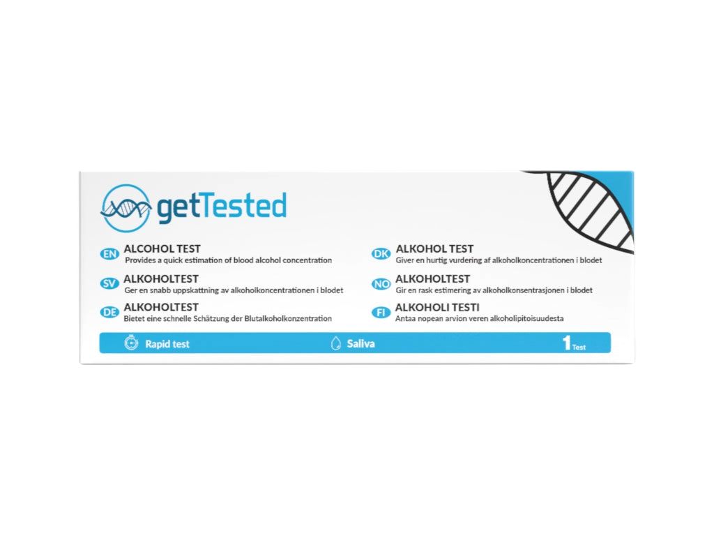 Schachtel mit Produktinformationen. Aufschrift: getTested, ALKOHOL TEST, Rapid test, Saliva, 1 Test.